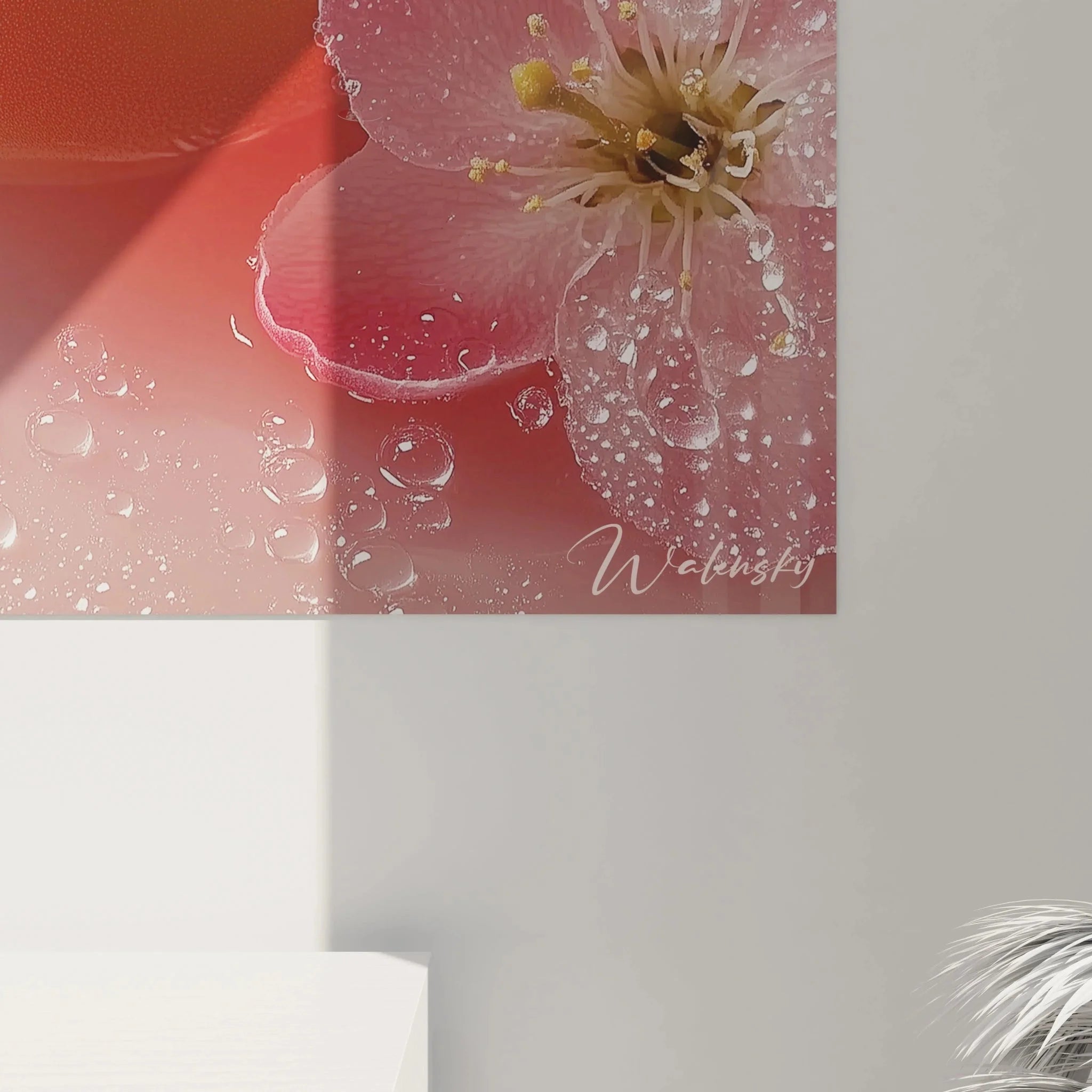 Gesamtansicht des Premium Pfirsich Wandbildes mit rosa Blüten in XXL Format für Wohnräume