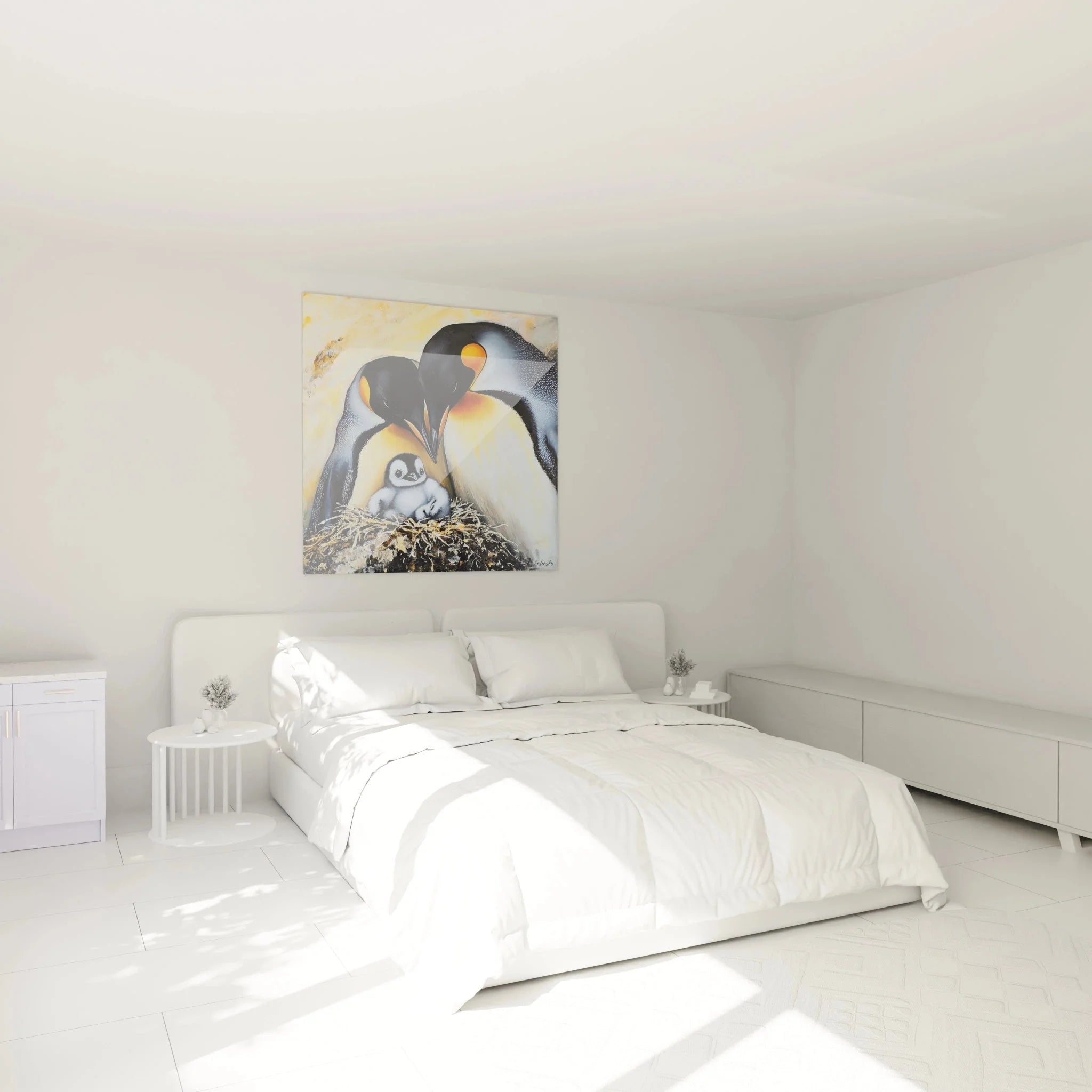 Wandbild Pinguinfamilie XXL in modernem Schlafzimmer - Kaiserpinguin Wanddeko Tiermotiv