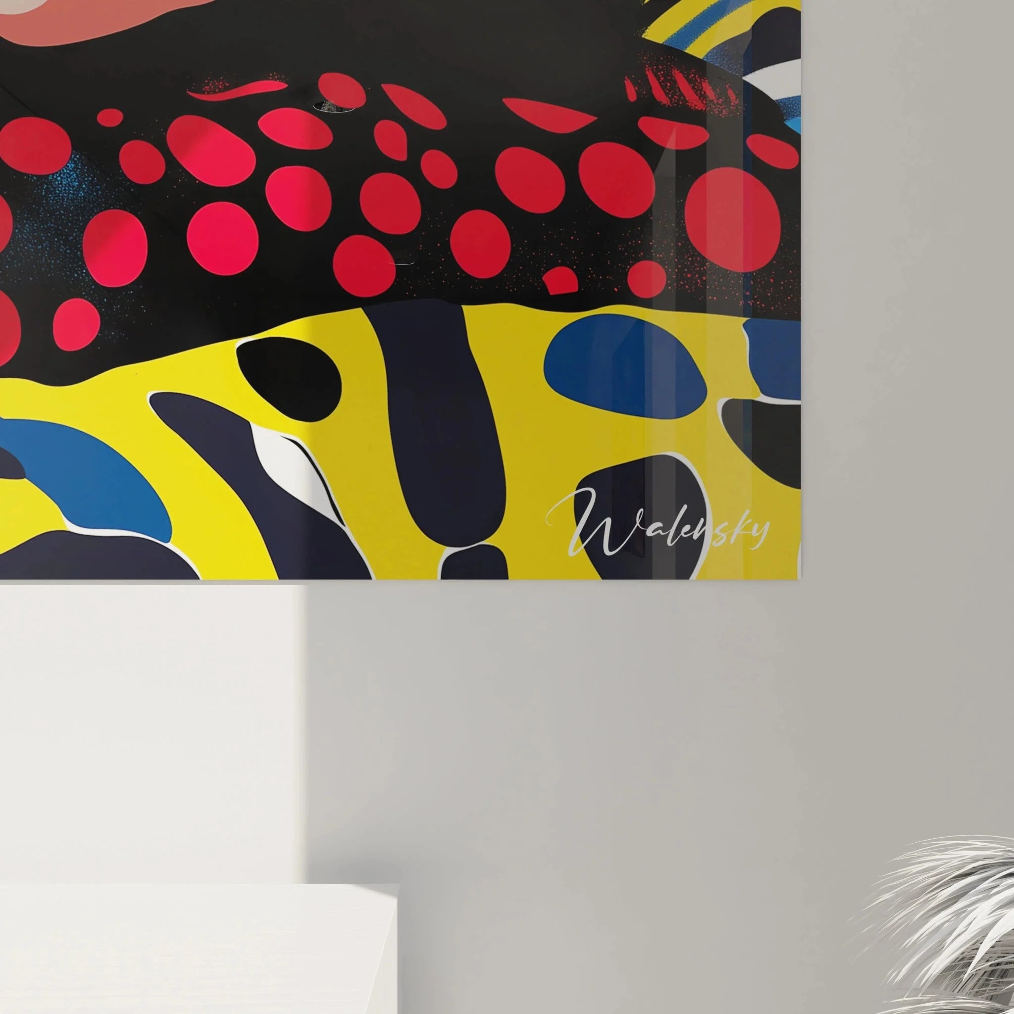 Gesamtansicht Pop-Art Wandbild XXL Format mit leuchtenden Primärfarben und geometrischen Mustern