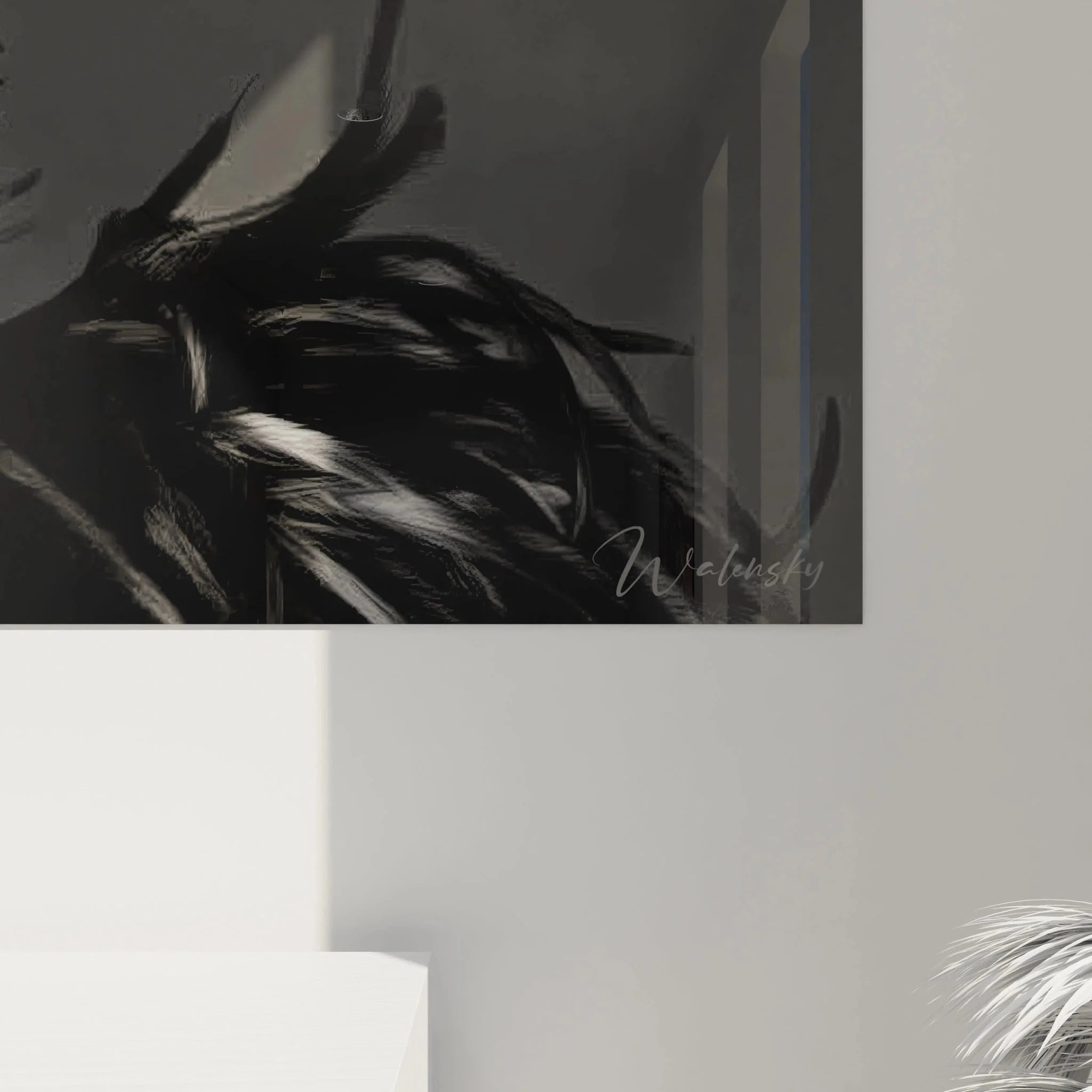 Gesamtansicht Wandbild XXL Portrait Frau schwarz-weiß, elegante Mode Wandkunst Raumgestaltung