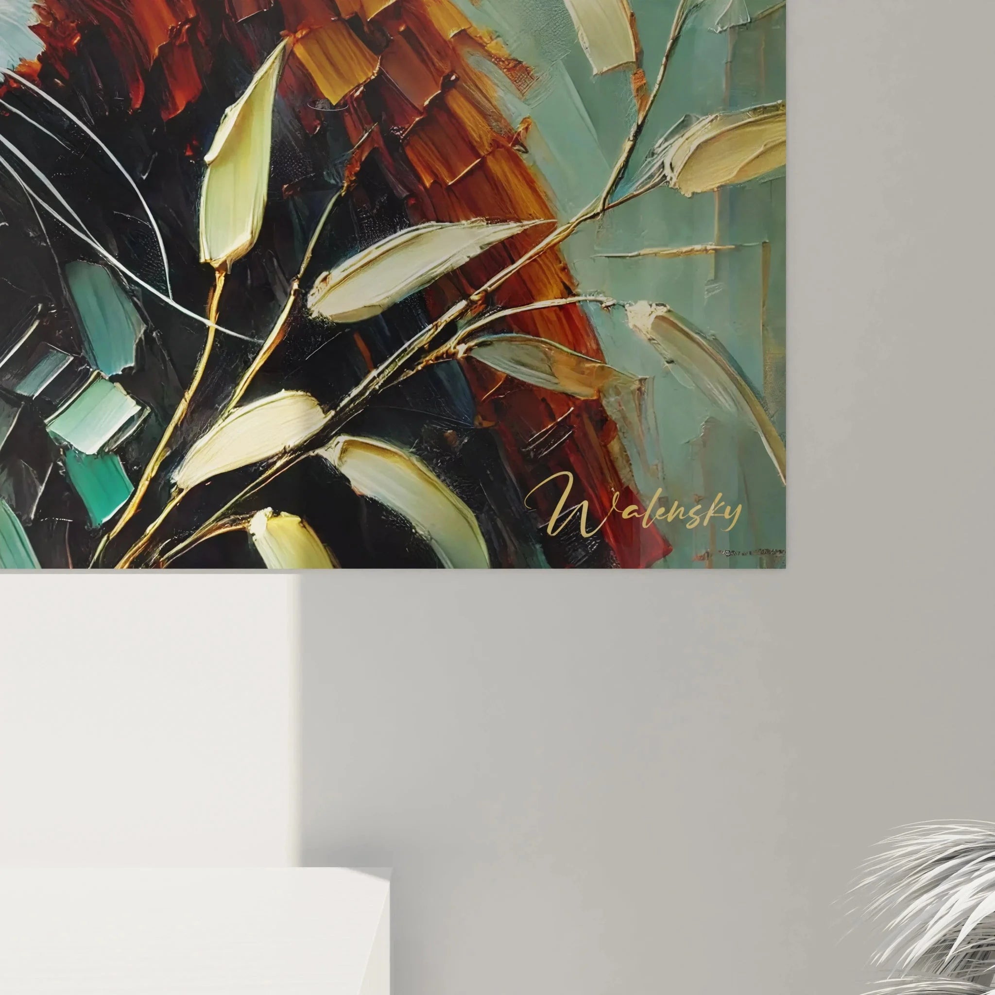 Gesamtansicht Wandbild XXL Roter Panda zwischen grünen Bambushalmen als Moderne Tierkunst