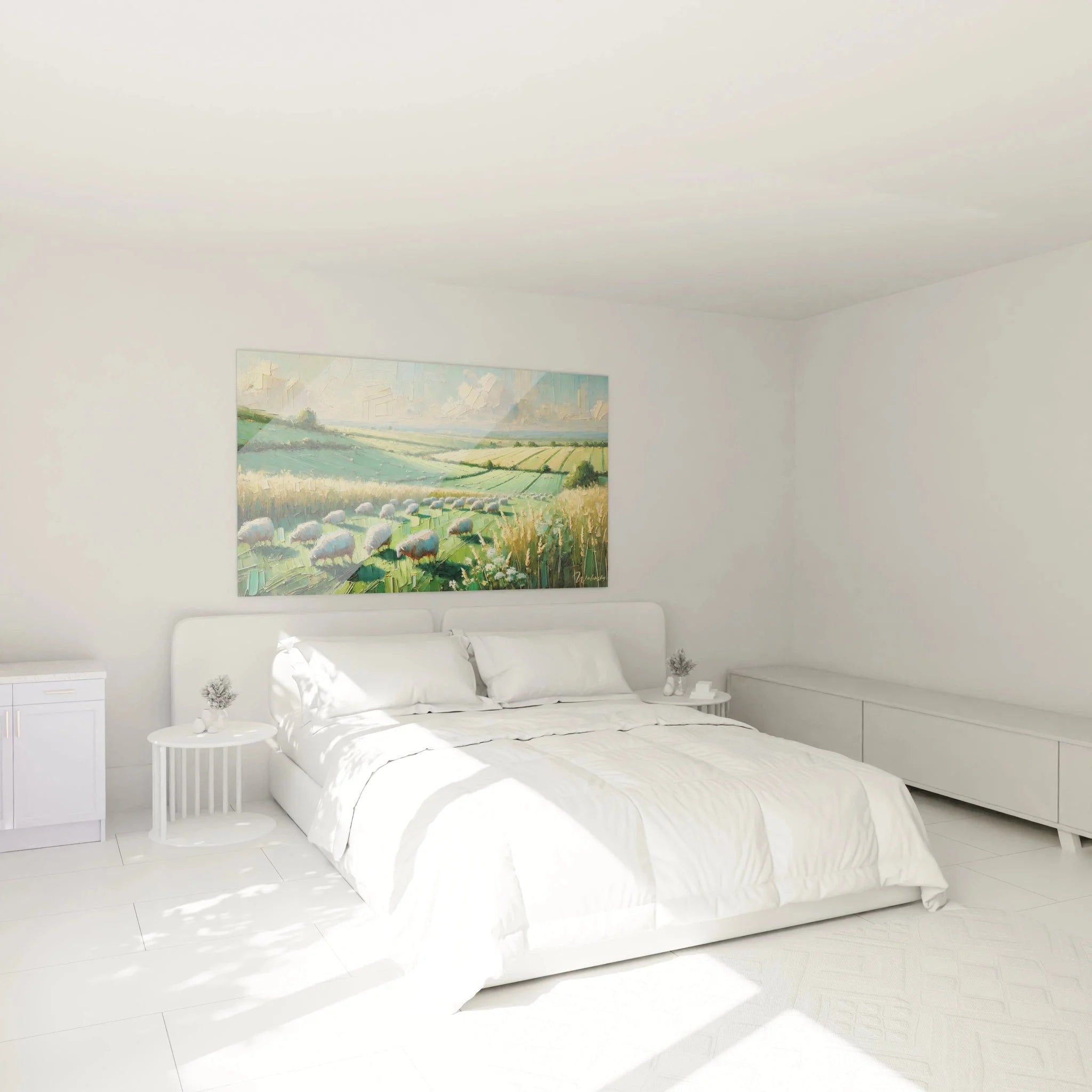 Wandbild XXL Schafherde Landschaft in modernem Schlafzimmer - Leinwandbild Natur Dekoration