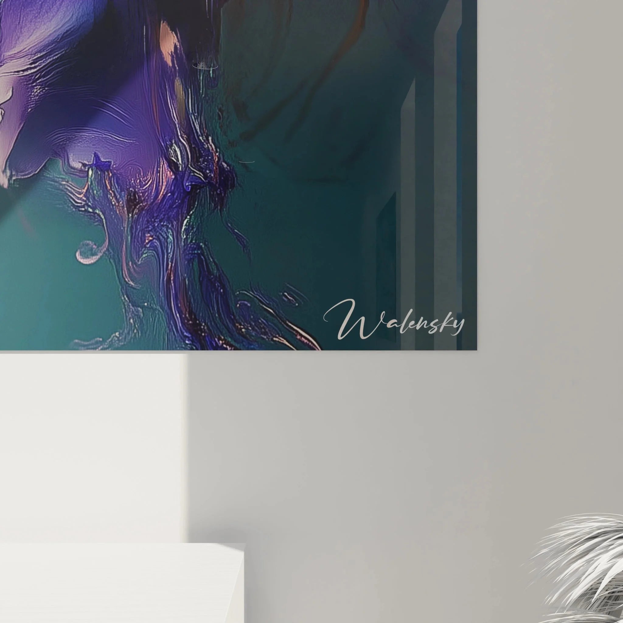 Gesamtansicht Wandbild XXL Schwertlilie in abstraktem Stil für moderne Raumgestaltung