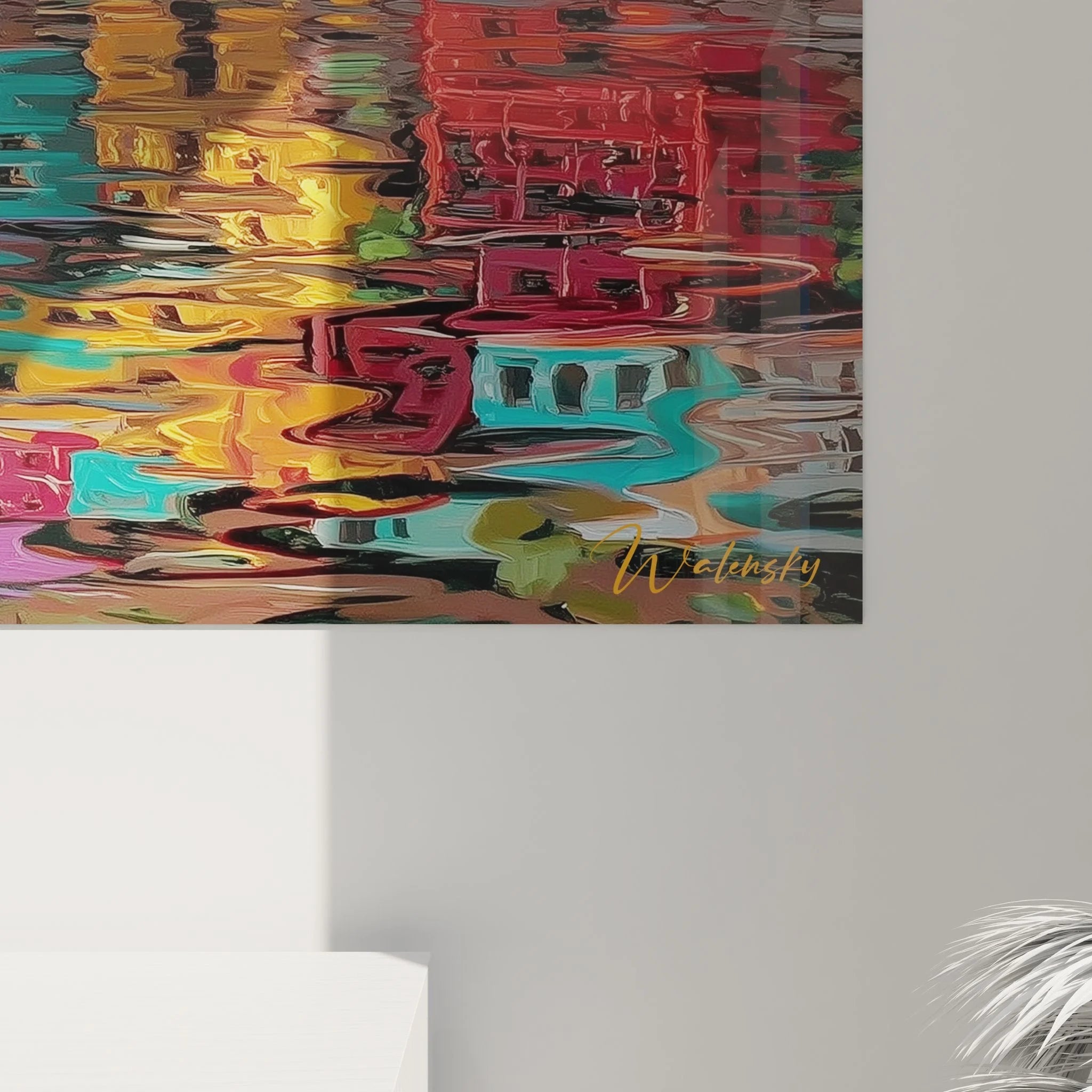 Gesamtansicht Wandbild XXL bunte Seelandschaft mit mediterranen Häusern und Bootshafen