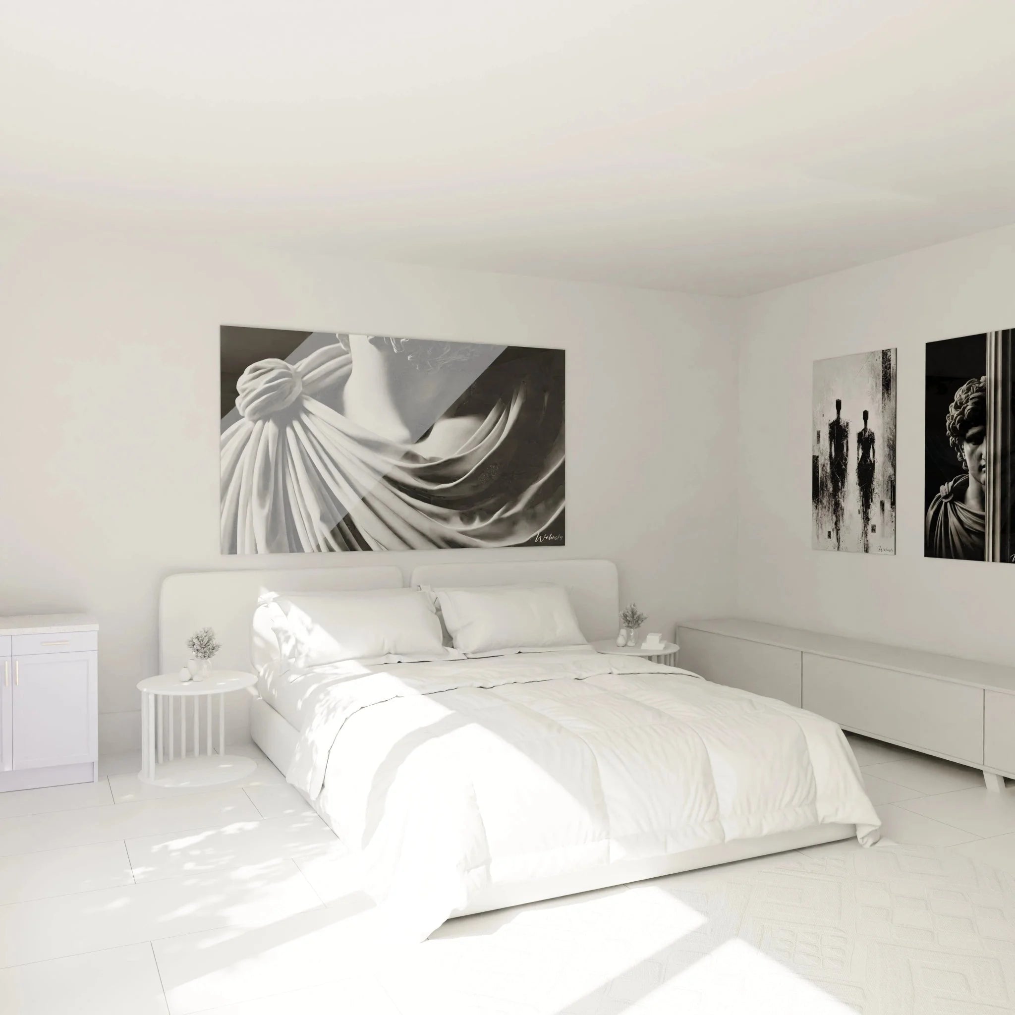 Wandbild XXL drapierte Skulptur schwarz-weiß in modernem Schlafzimmer abstrakte Wanddekoration