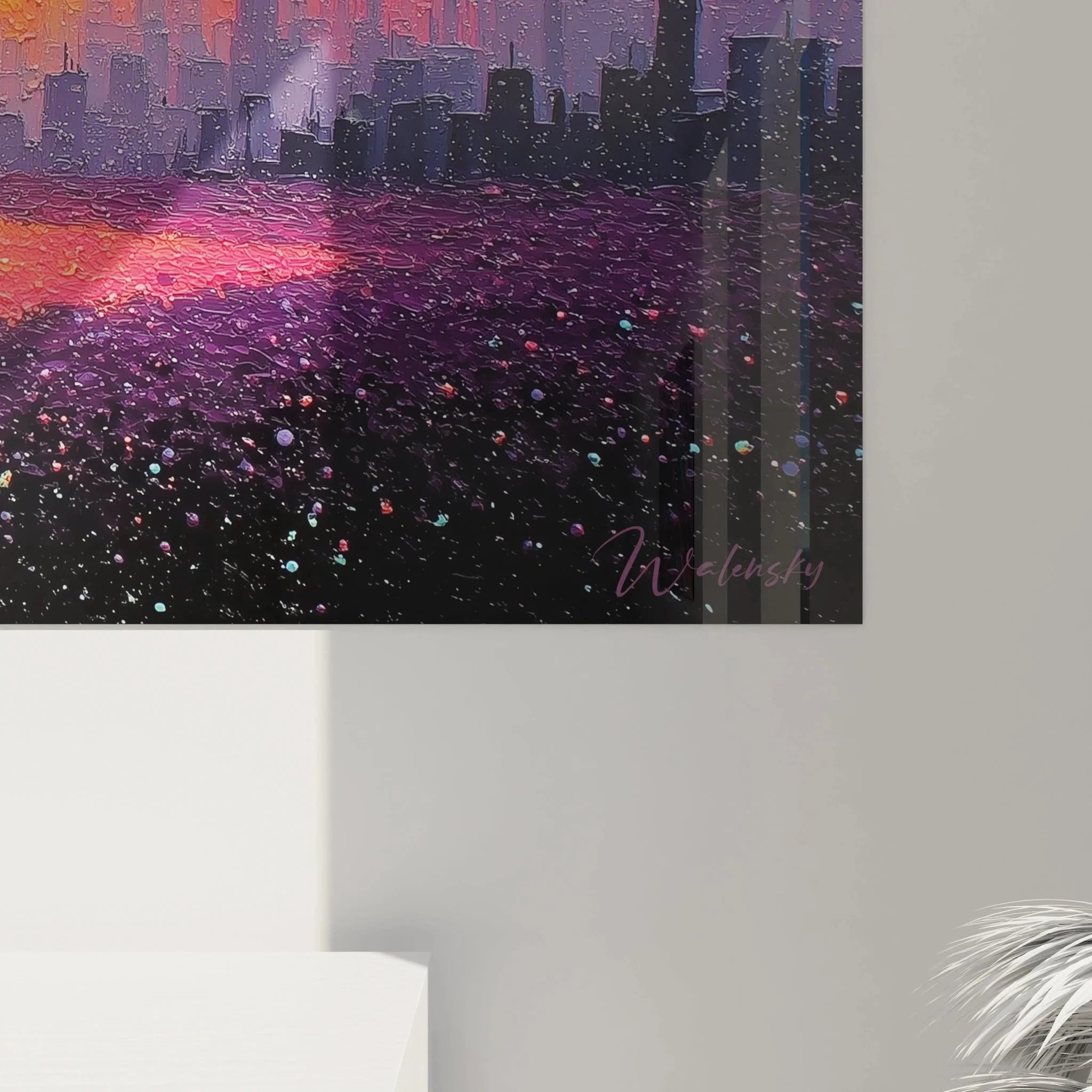 Gesamtansicht Wandbild XXL Sonnenuntergang Pointillismus Stadtsilhouette komplette Wanddekoration modern