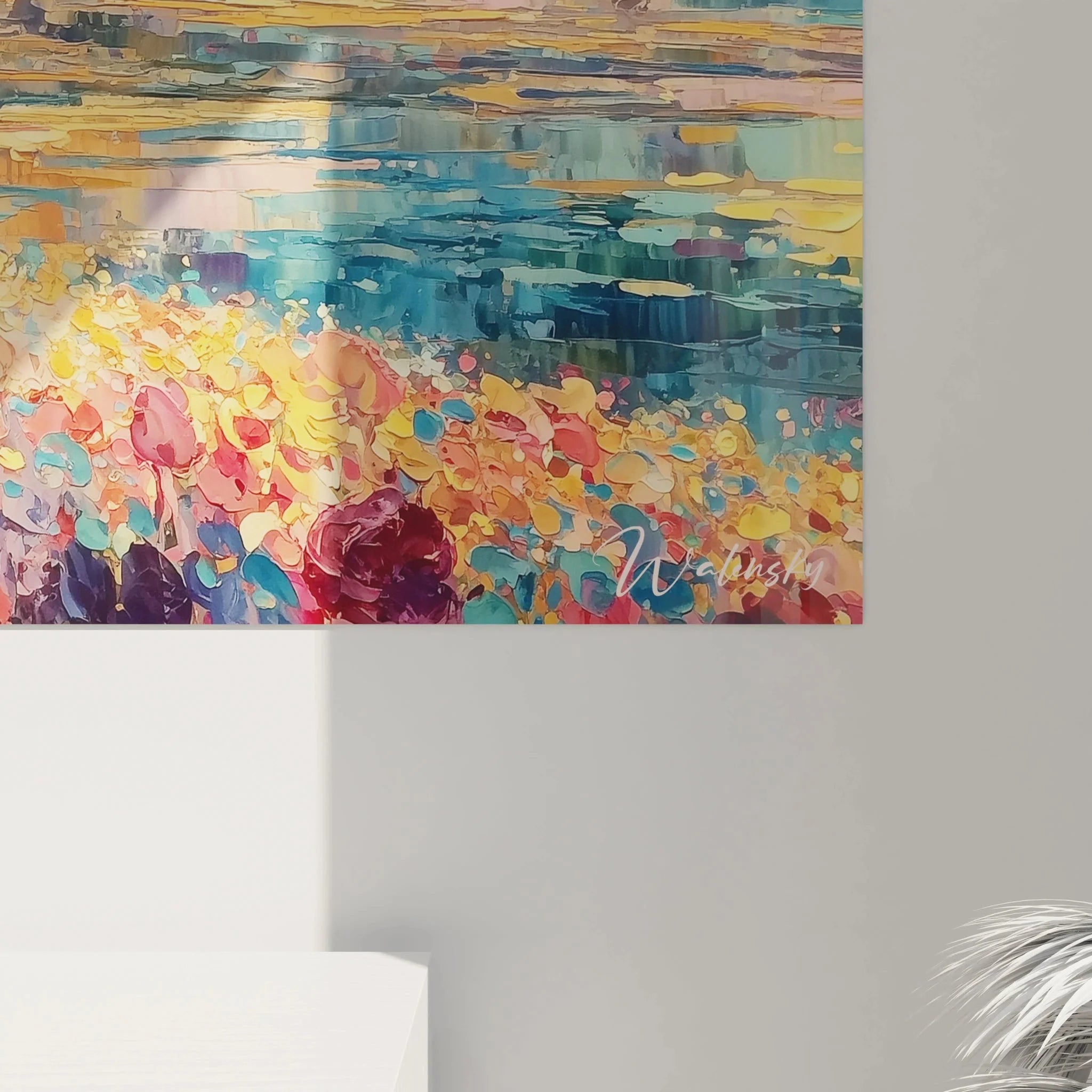 Gesamtansicht Wandbild XXL Sonnenuntergang Pointillismus mit Blumenwiese und Meerespanorama