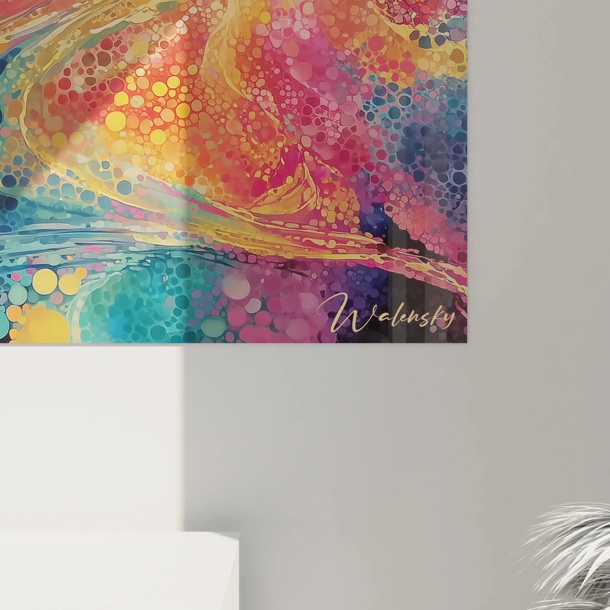 Gesamtansicht Wandbild XXL Sonnenuntergang Pointillismus mit See und Bäumen in bunten Punkten