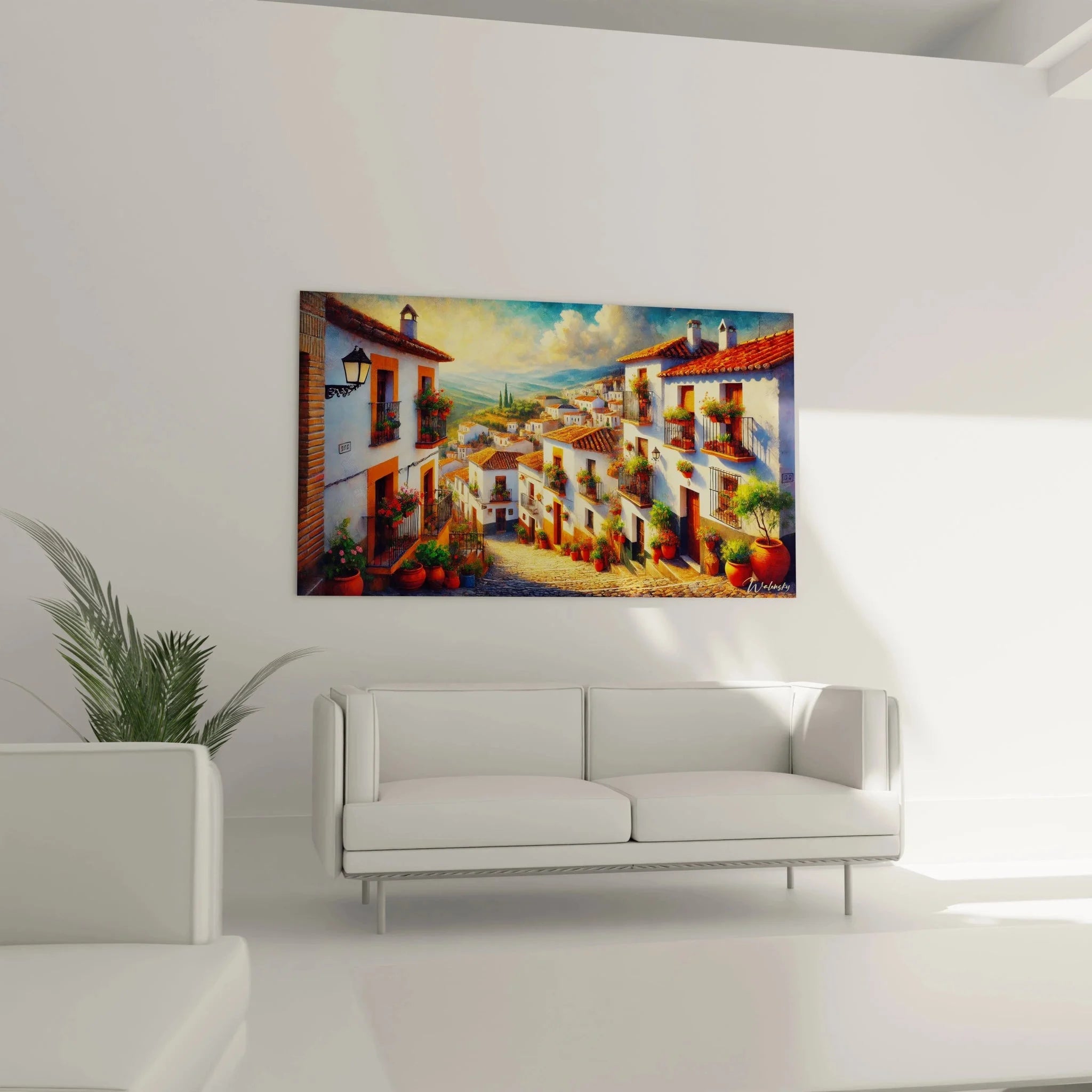 Detailansicht Wandbild XXL spanische Häuser mit Balkonen und bunten Blumentöpfen