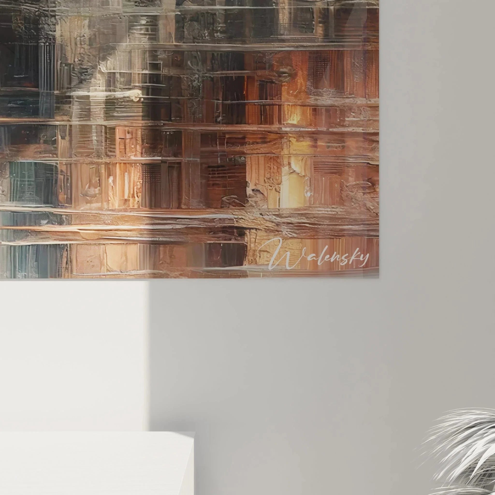 Gesamtansicht Wandbild XXL Stadtpanorama kubistisch mit urbanen Reflexionen auf Leinwand