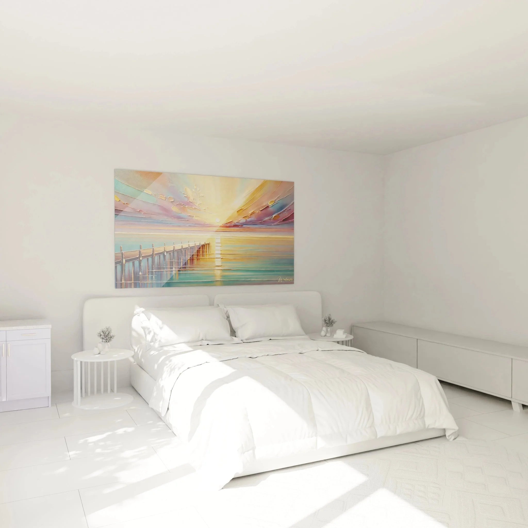Wandbild XXL Steg Sonnenuntergang in modernem Schlafzimmer über dem Bett hängend