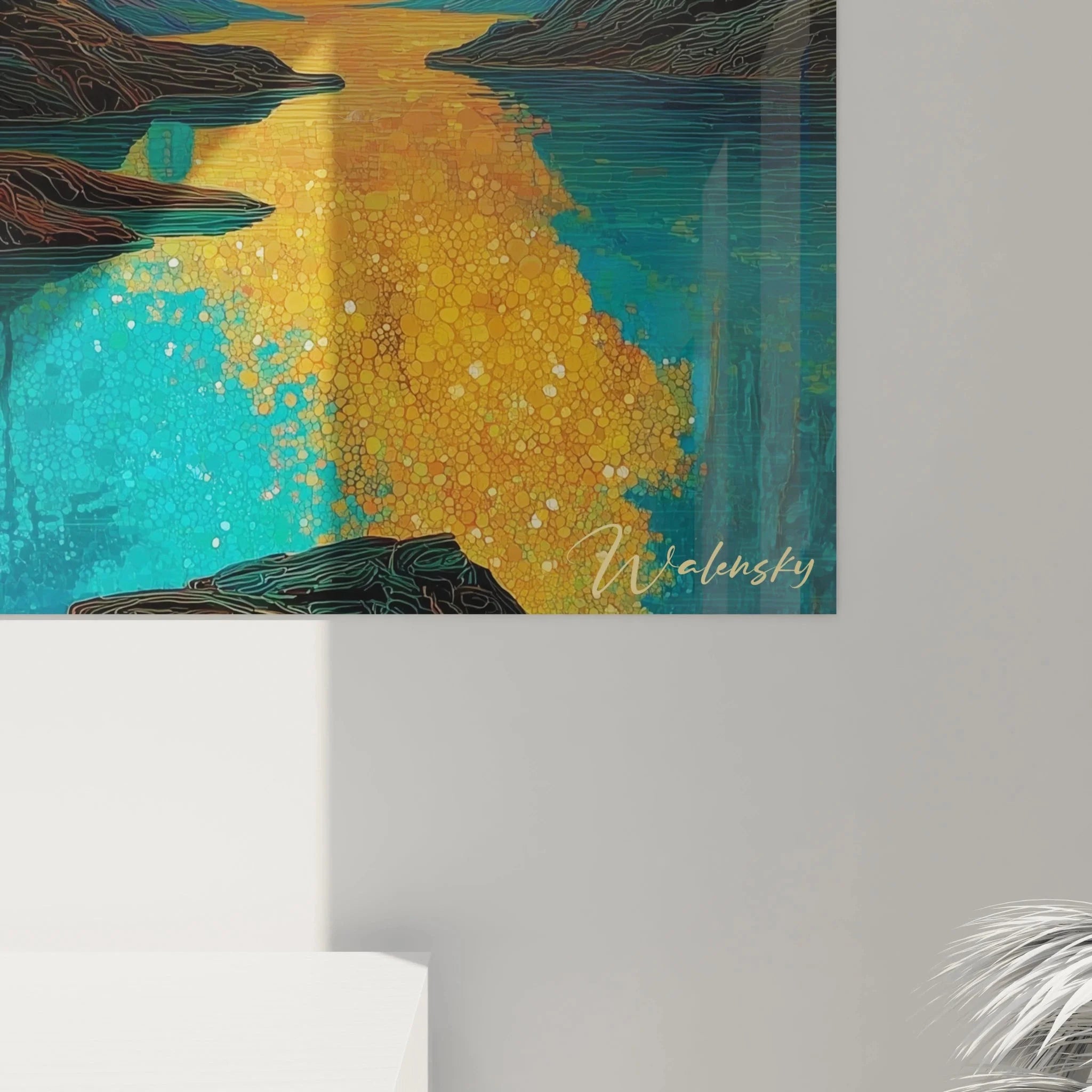 Gesamtansicht Wandbild XXL Sternenhimmel Wald Pointillismus mit blau-goldener Farbkomposition