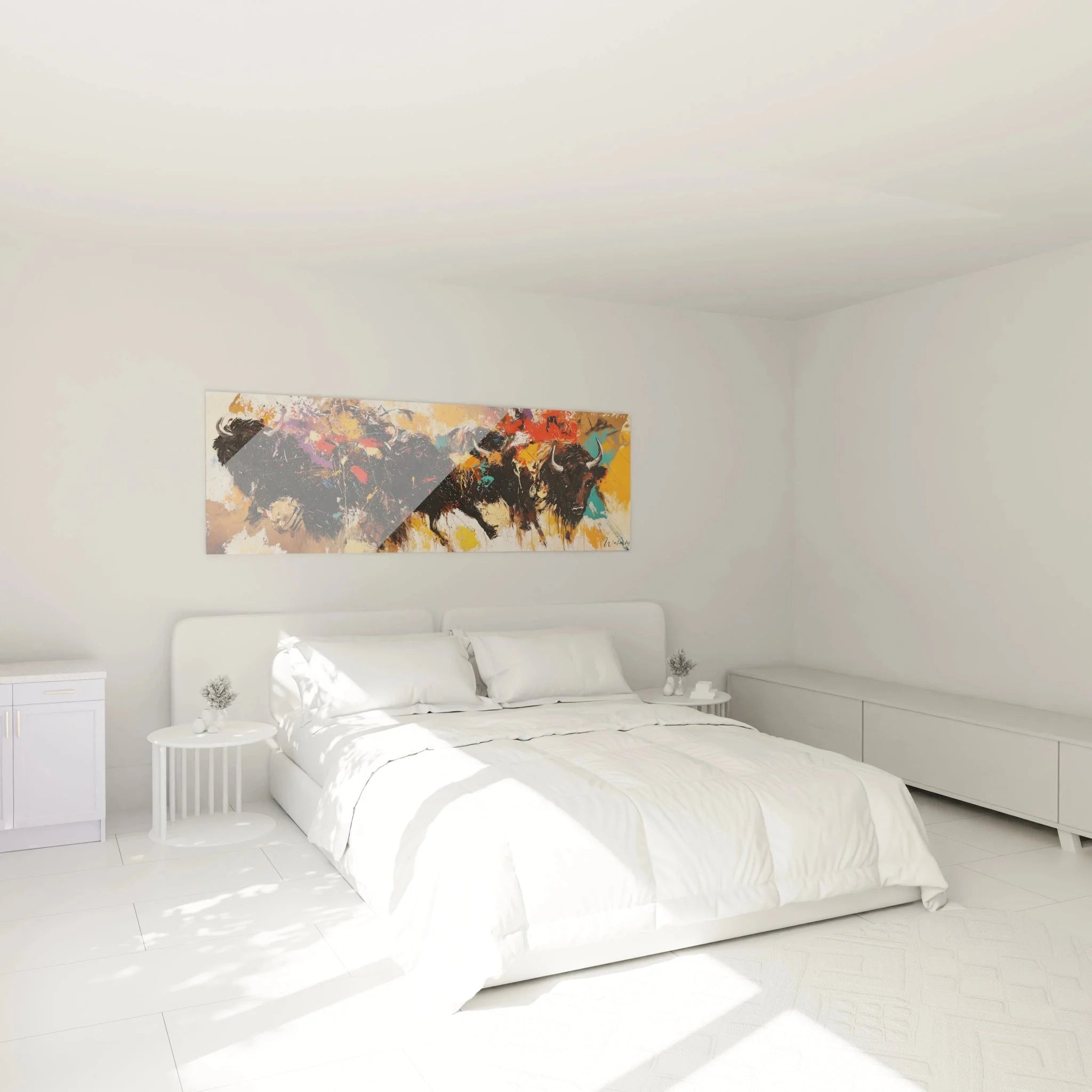 Wandbild XXL Stier abstrakt als moderne Wanddeko im Schlafzimmer aufgehängt