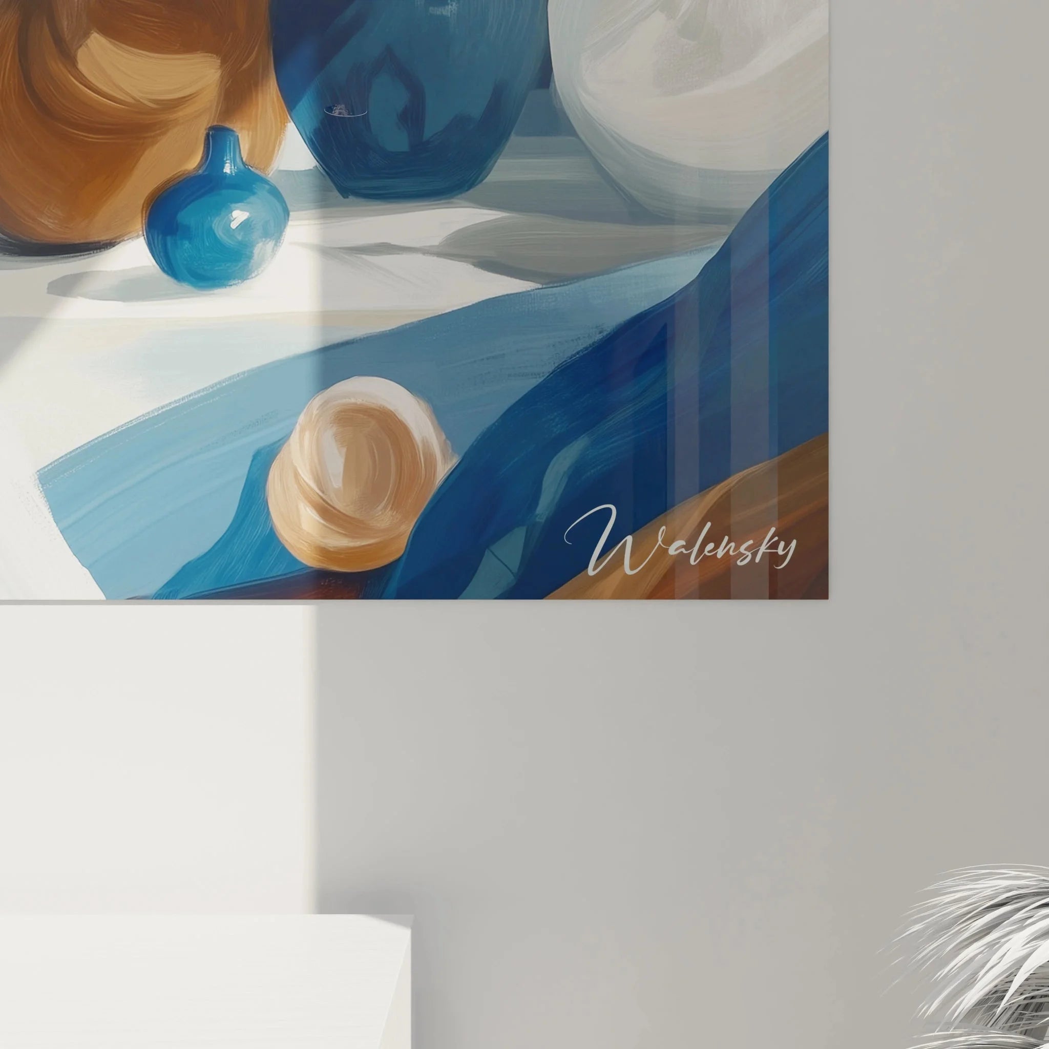 Gesamtansicht Wandbild XXL Stillleben Vasen Komposition in Blau und Weiß