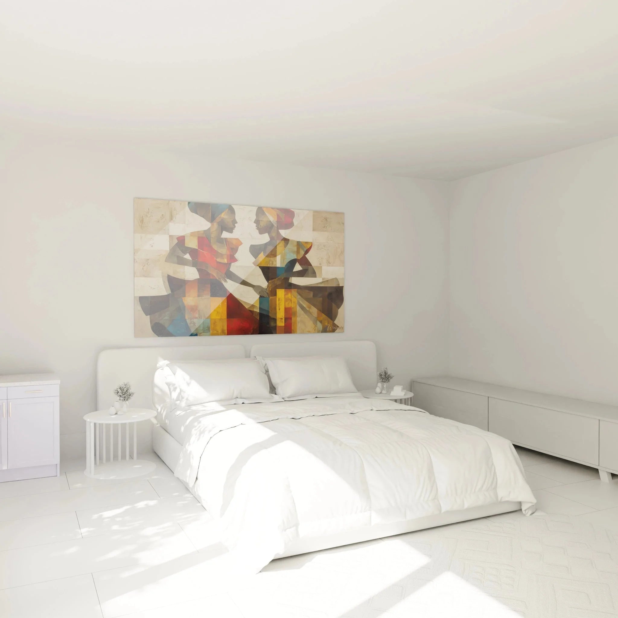 Wandbild XXL tanzende Figuren geometrisch in Schlafzimmer Ambiente mit warmer Beleuchtung