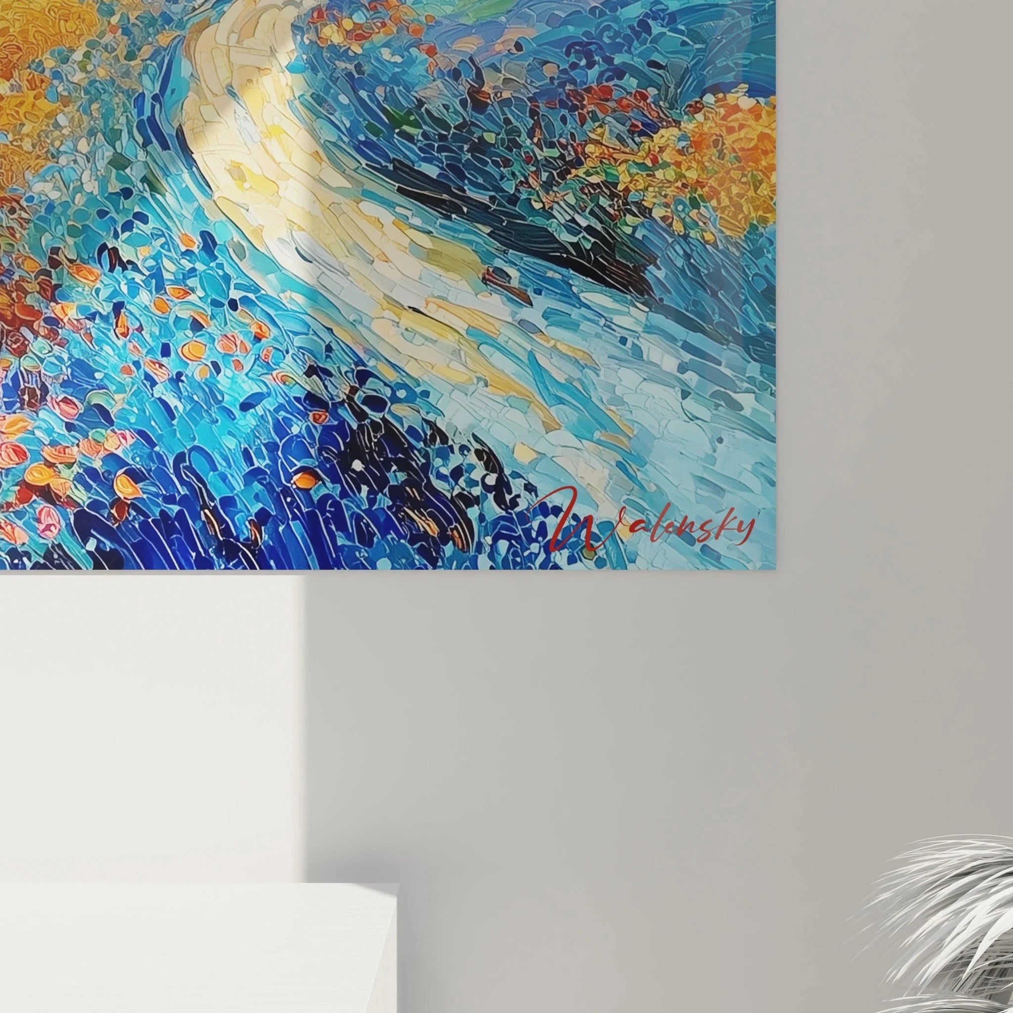 Gesamtansicht Wandbild XXL Toskana Landschaft in Pointillismus Technik mit Sturm und Hügeln