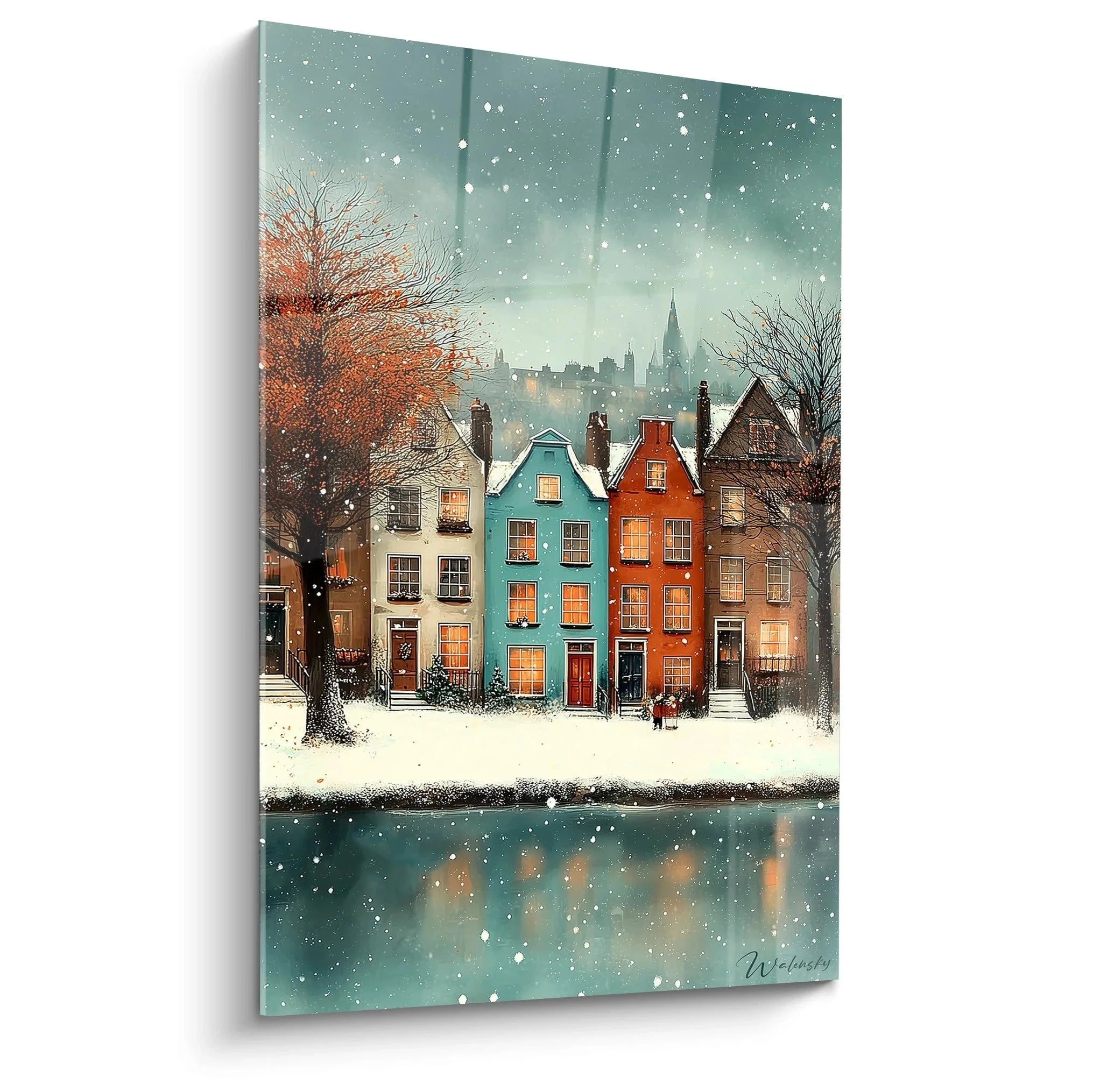 Wandbild XXL verschneite bunte Stadthäuser im Winter mit Schneeflocken und warmem Licht Edition Winter