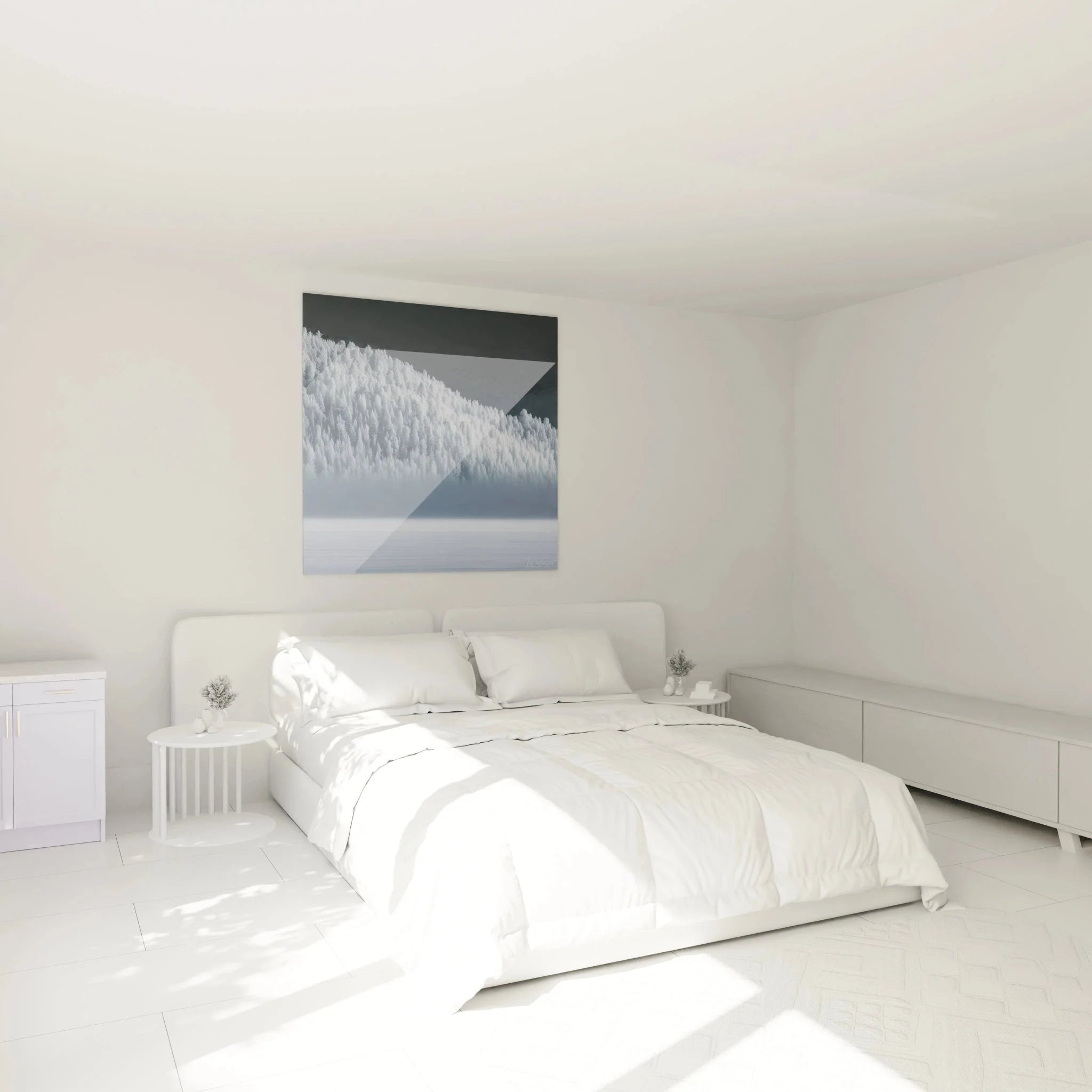 Wandbild XXL Wintermotiv verschneiter Wald in modernem Schlafzimmer - stilvolle Wanddekoration