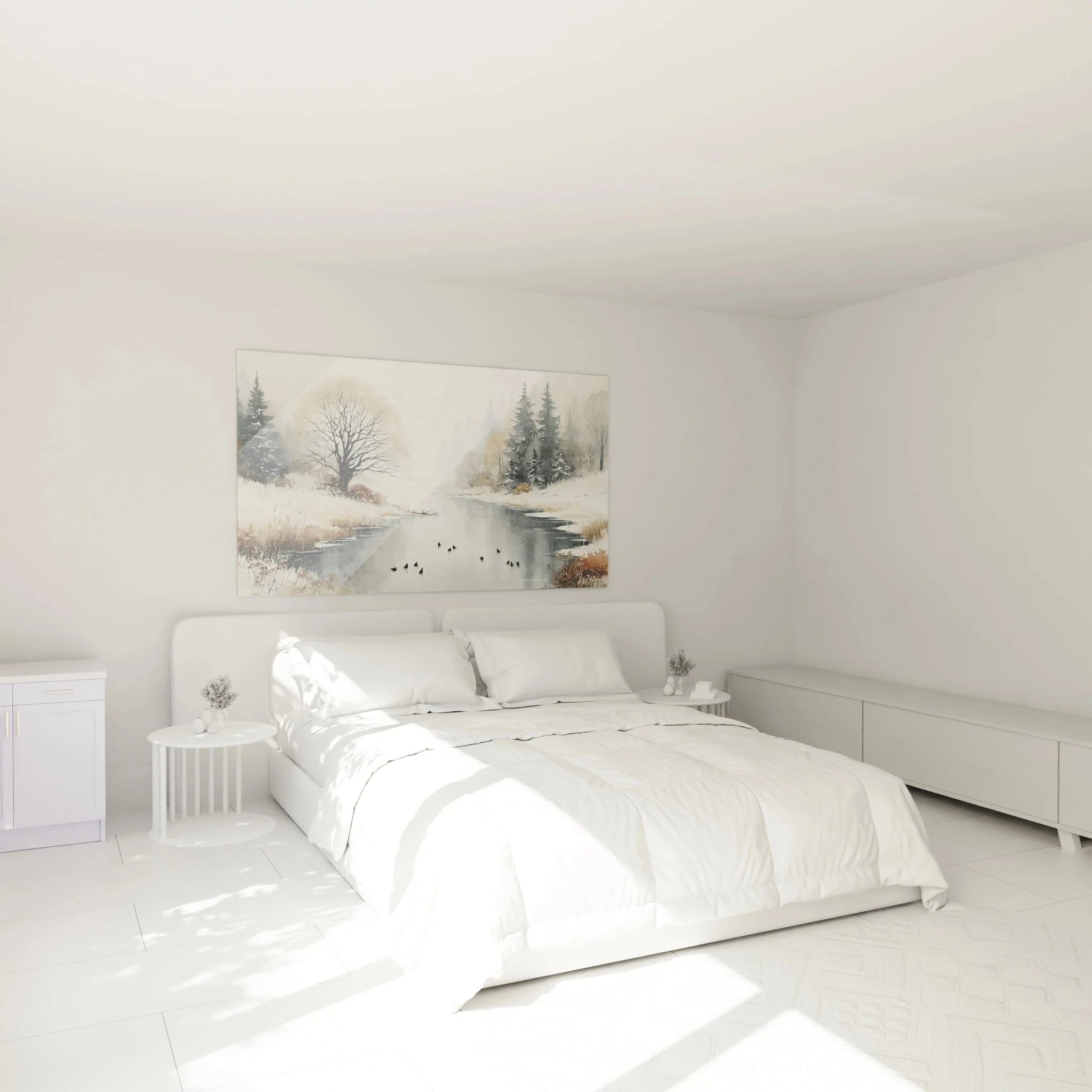 Wandbild XXL Winterlandschaft im Schlafzimmer - Stiller Fluss mit Schnee als Wanddekoration Winter