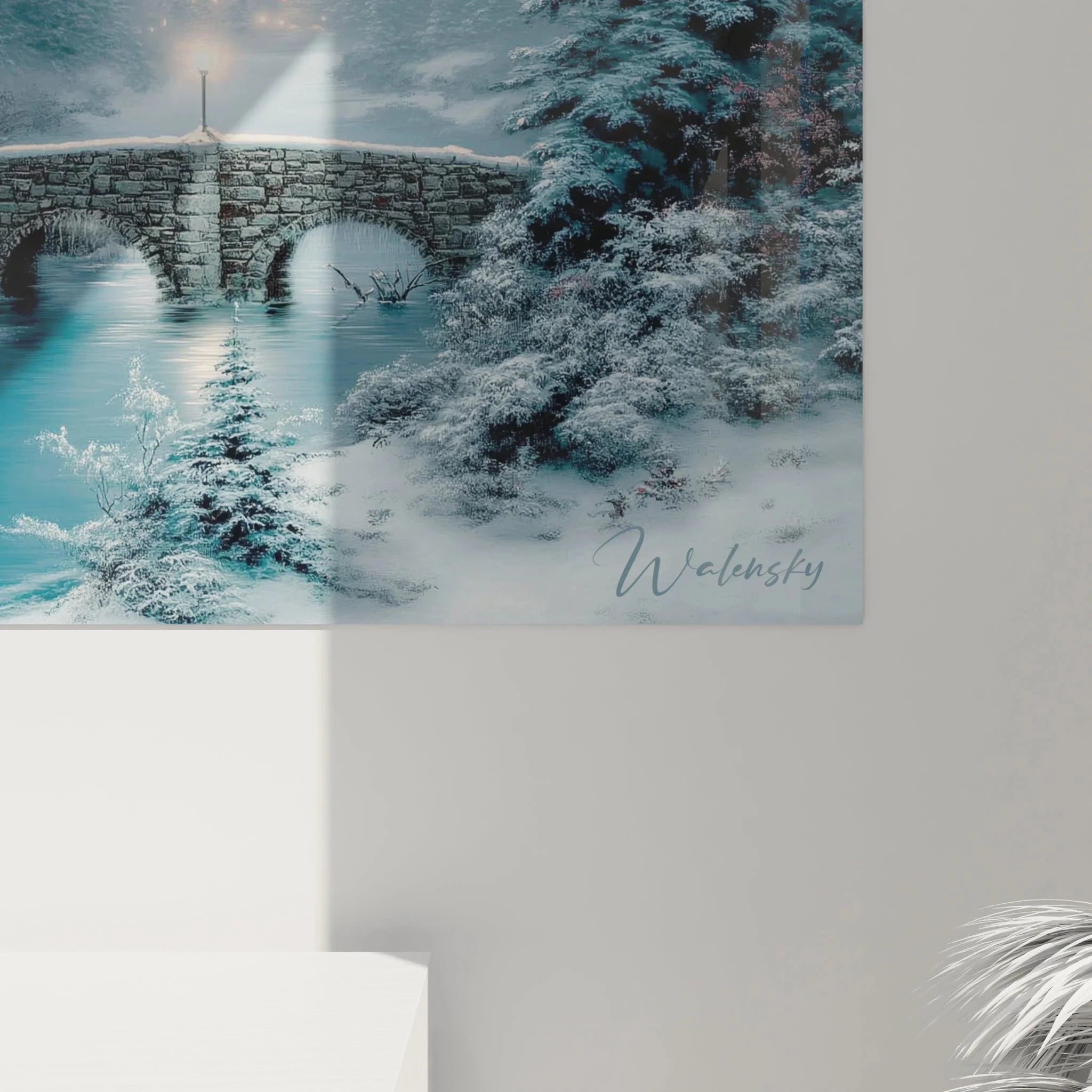 Gesamtansicht Wandbild XXL Winterkirche mit romantischer Steinbrücke und verschneiter Berglandschaft