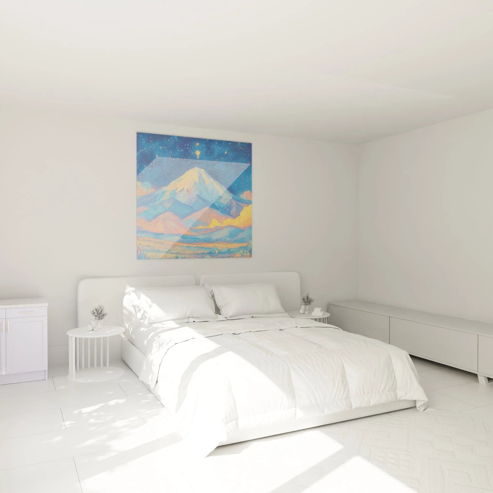 Wandbild XXL Wüste Berglandschaft im Schlafzimmer - Sternenklare Nacht Wanddekoration in warmen Farbtönen