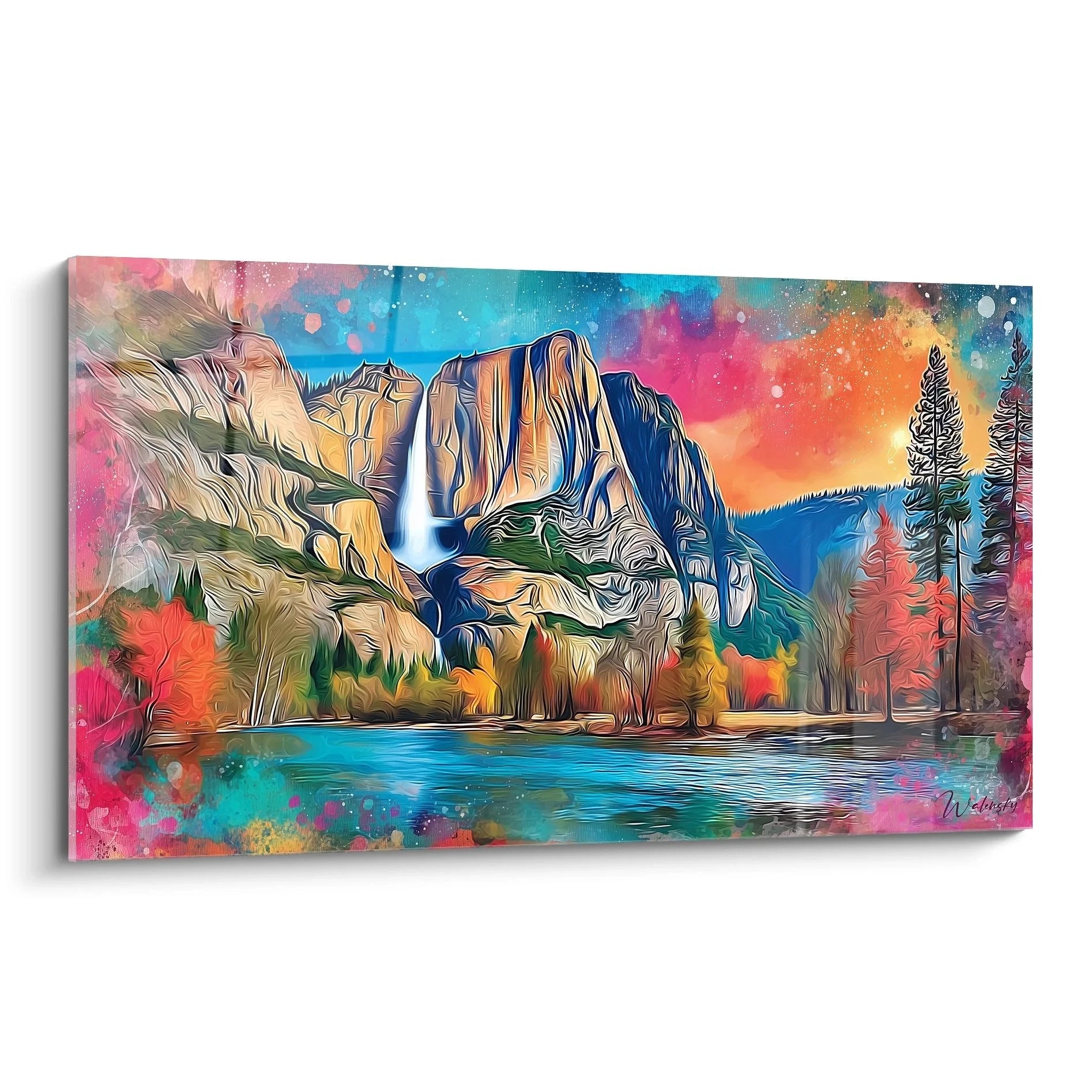 Wandbild Yosemite Wasserfall mit bunten Farben und mystischer Berglandschaft als XXL Wanddeko