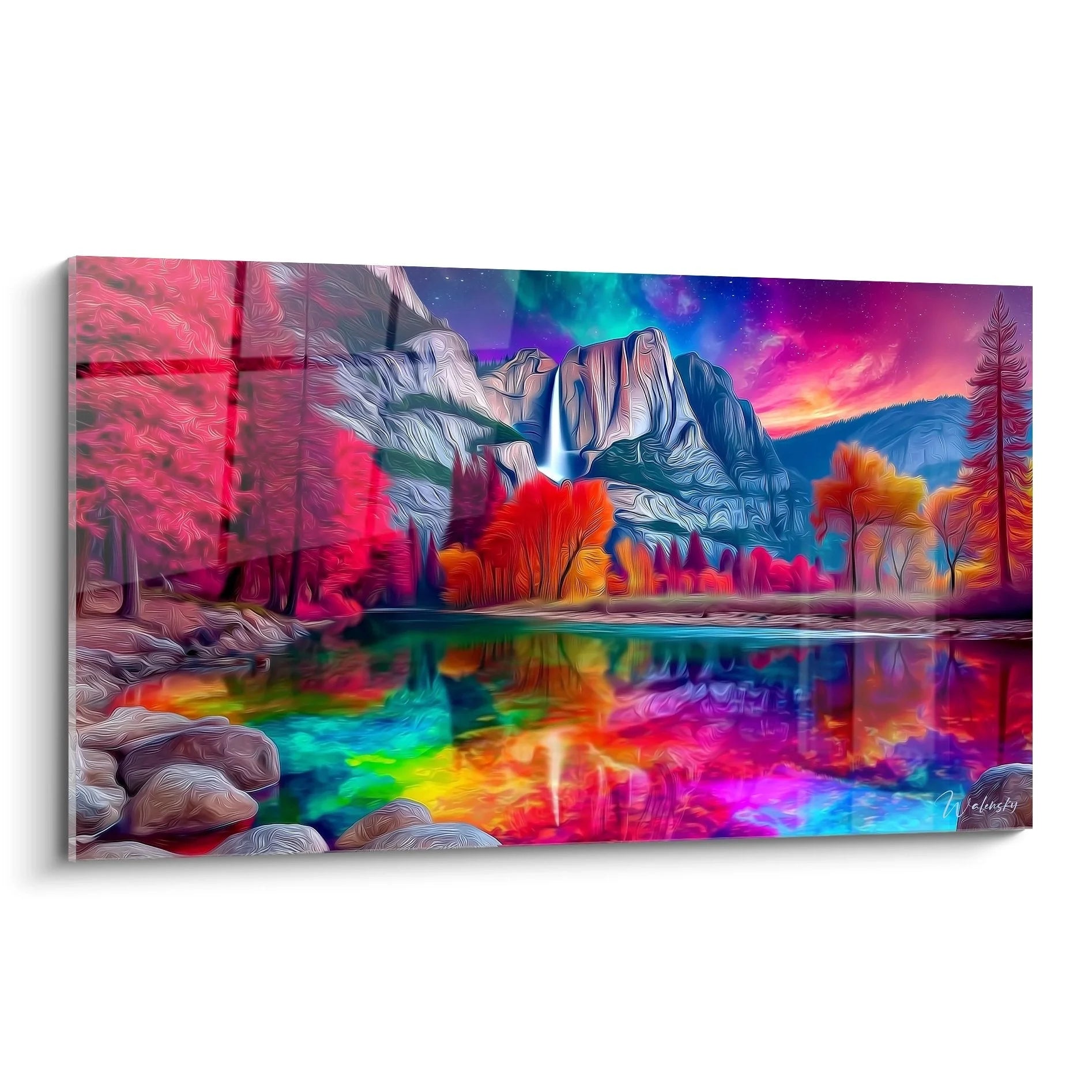 Wandbild Yosemite Wasserfall in psychedelischen Farben mit leuchtenden Reflexionen im Wasser