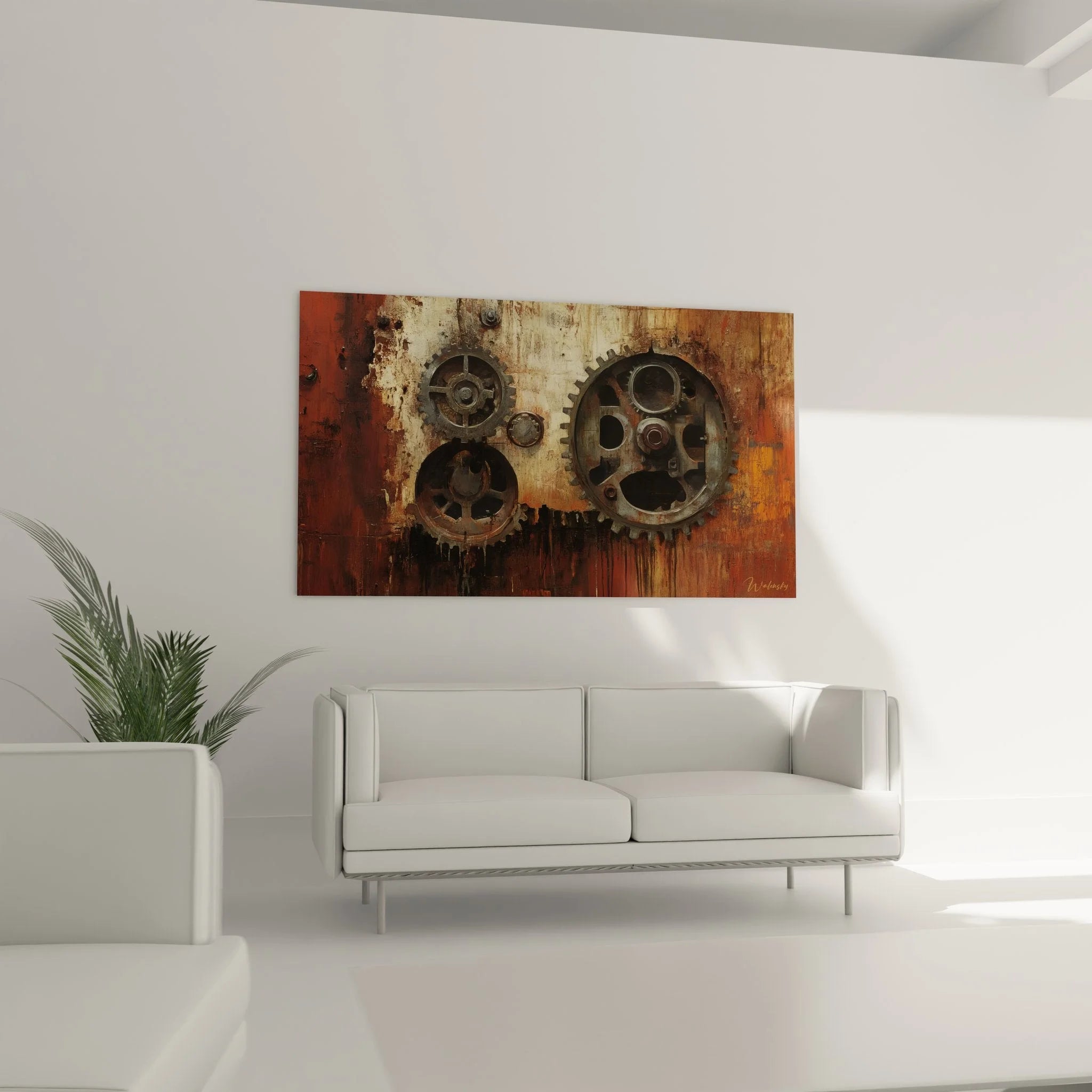 Detailansicht Wandbild Zahnräder - Vintage Patina und mechanische Strukturen in Brauntönen