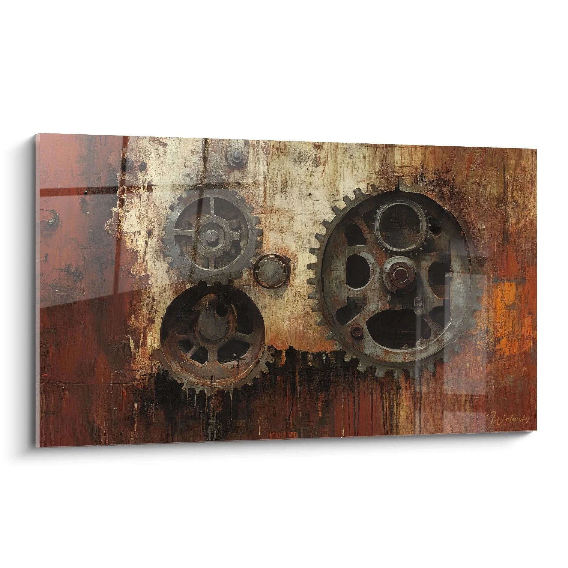 Vintage Wandbild mit rostigen Zahnrädern und Getrieben in Braun-Orange Tönen - Industrielle Wandkunst XXL