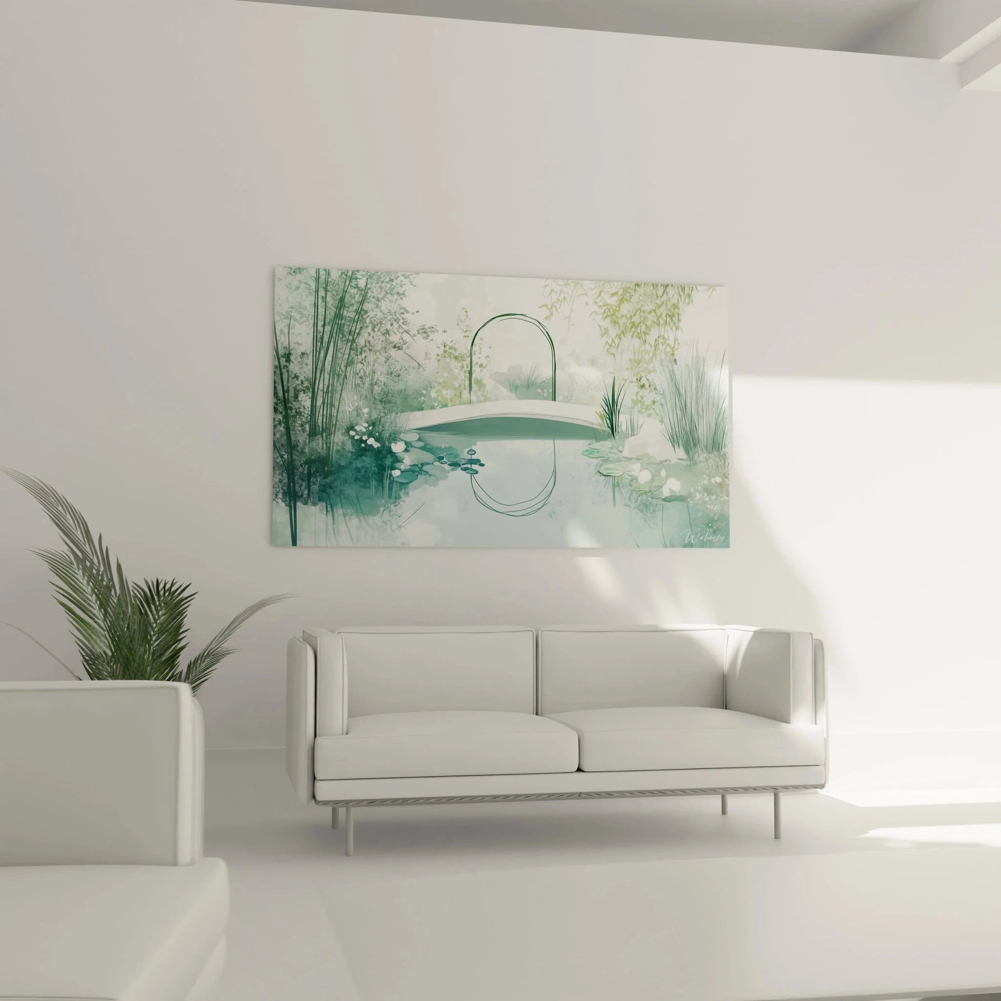 Detailansicht Wandbild Zen-Garten mit Seerosen und Bambus in grünen Farbtönen