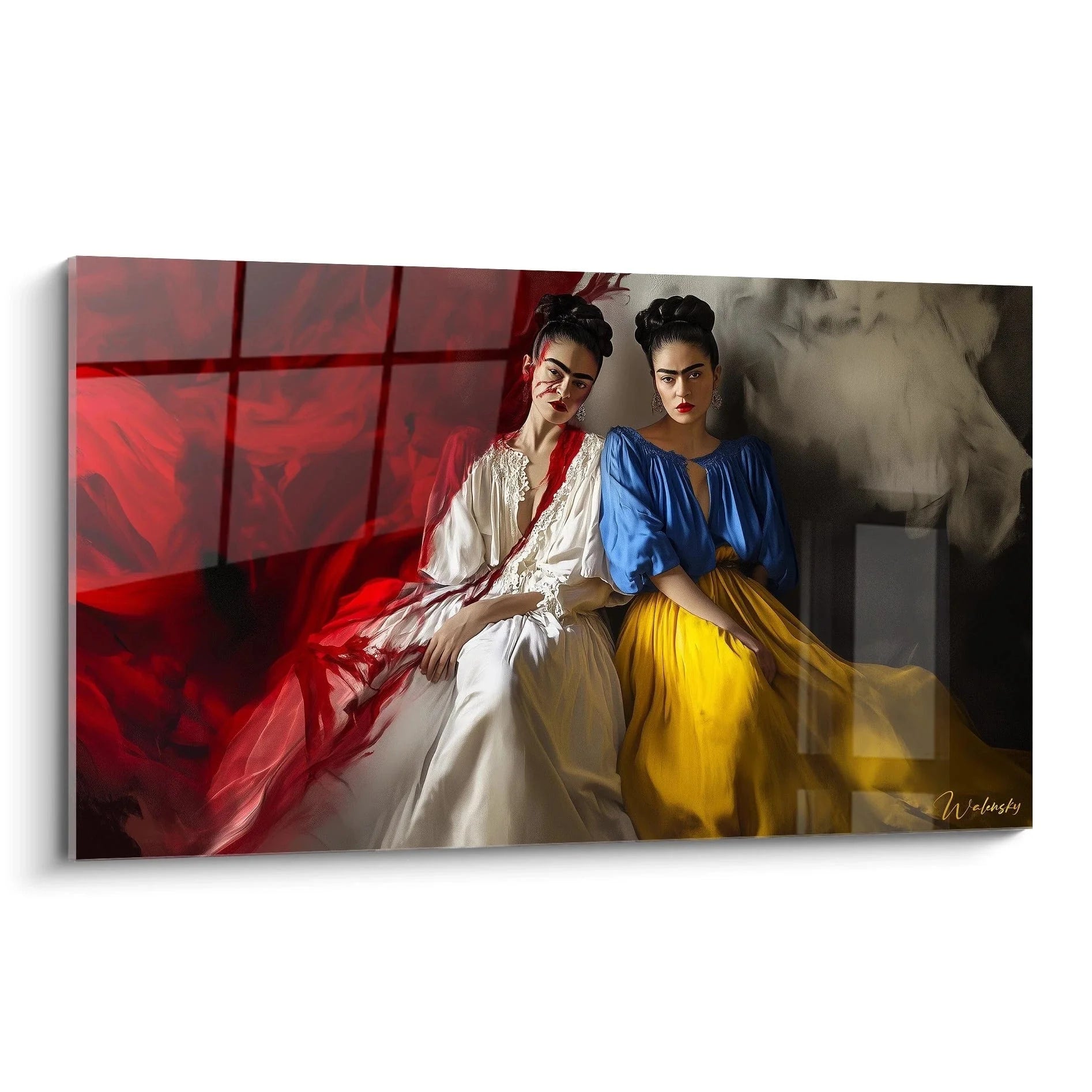 Wandbild zwei Frauen Doppelgänger Edition Frida Kahlo mit rotem Fenster und bunten Gewändern