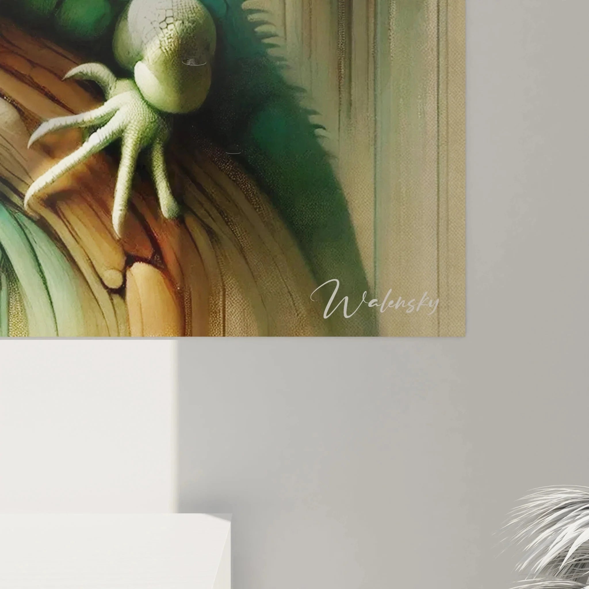 Gesamtansicht Wandbild Leguan - Exotische Wanddekoration in modernem Wohnambiente