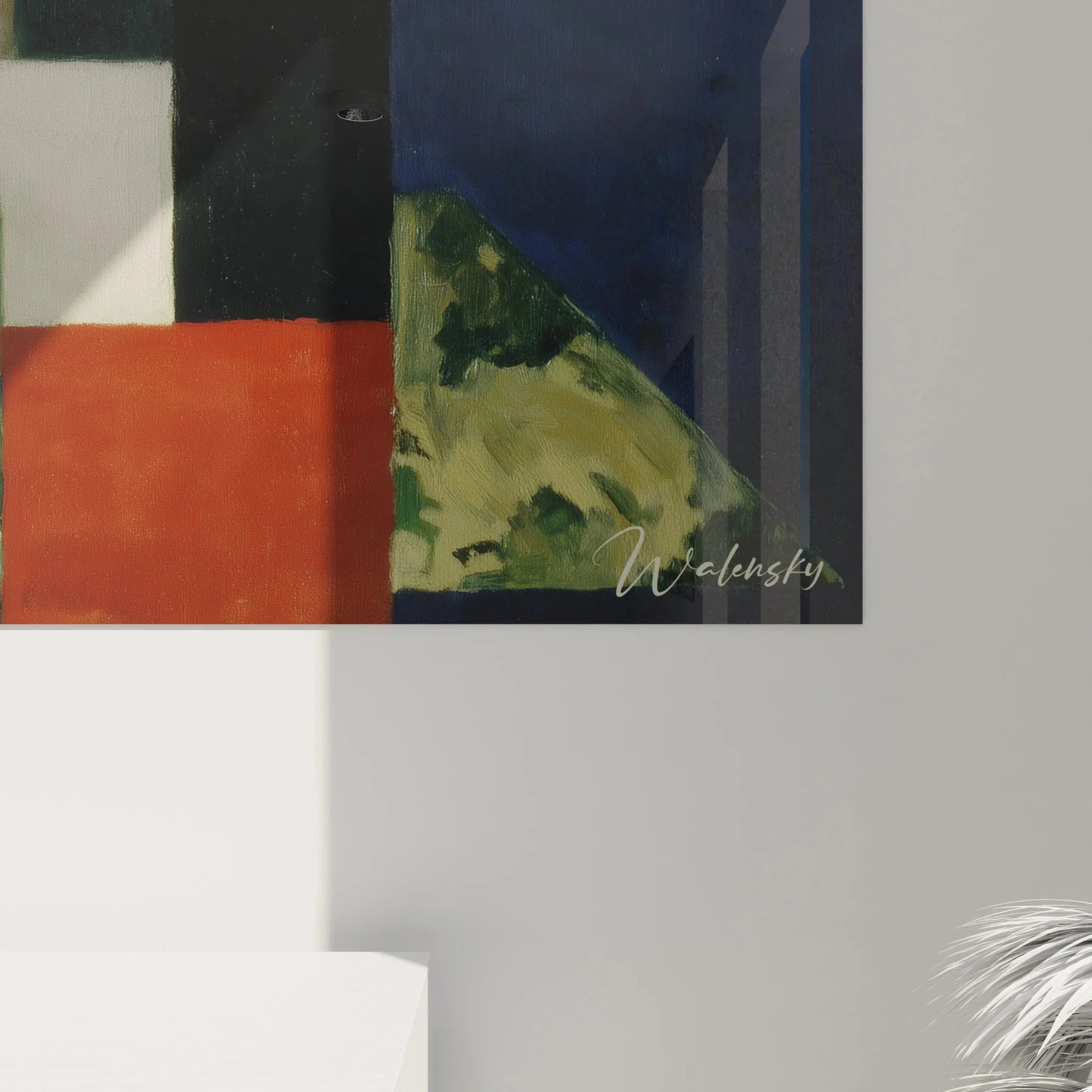 Gesamtansicht dadaistische Wandkunst Stillleben mit Farbkomposition und floralen Motiven