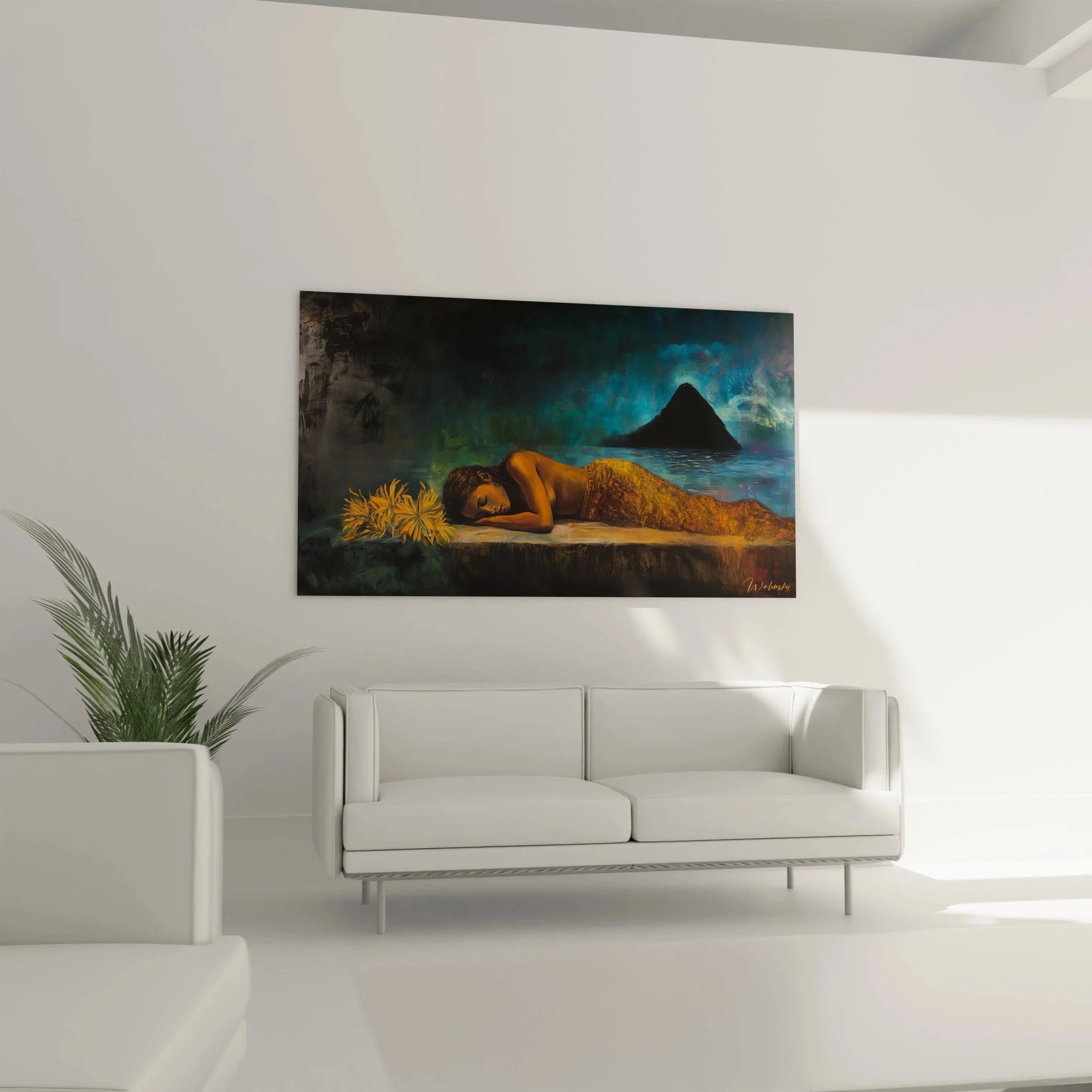 Gauguin Wandkunst Detailansicht ruhende Frau warme Erdtöne tropische Symbolik