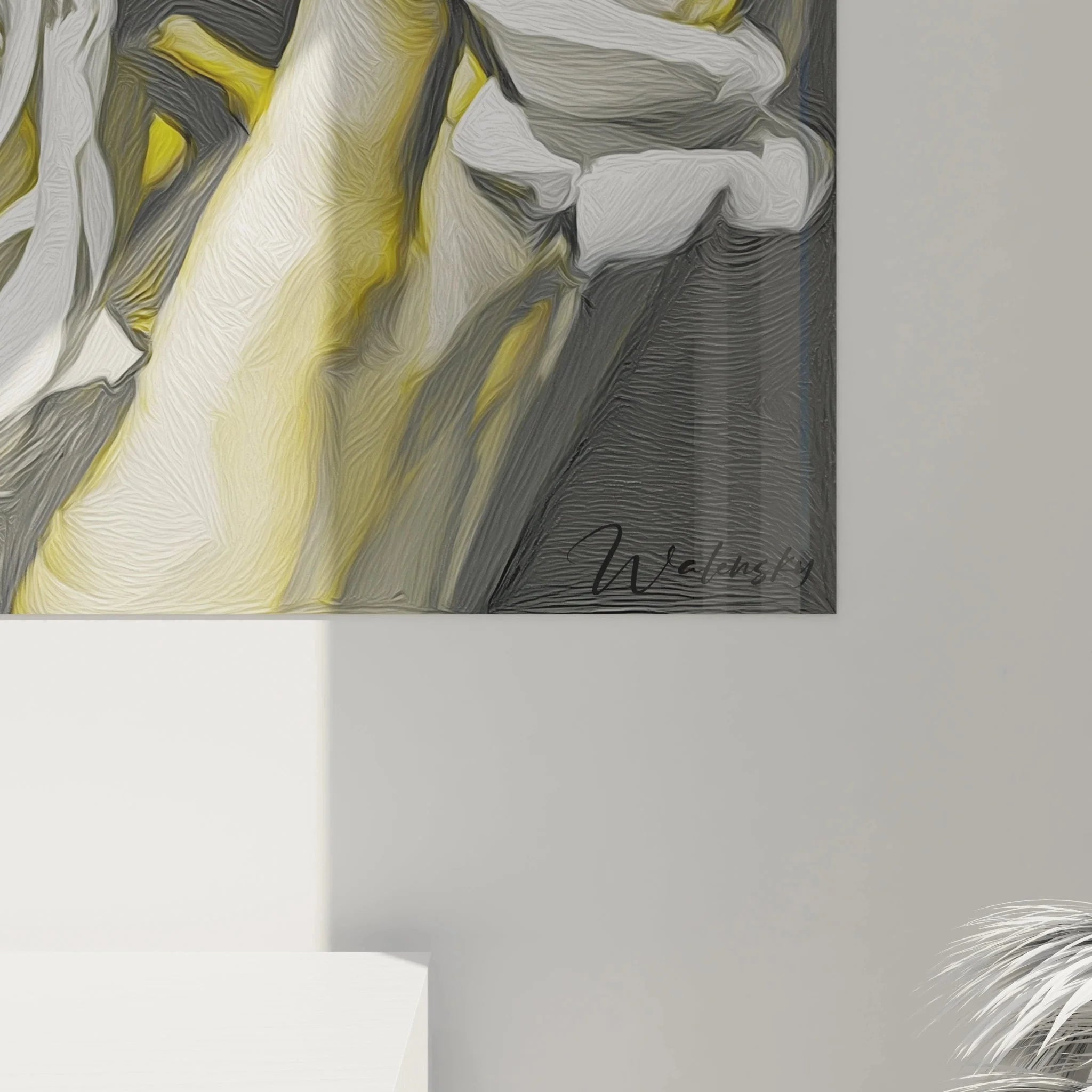 Gesamtansicht Wandbild hyperrealistische Frau mit Rosen, Premium Kunstdruck XXL Format seitlich