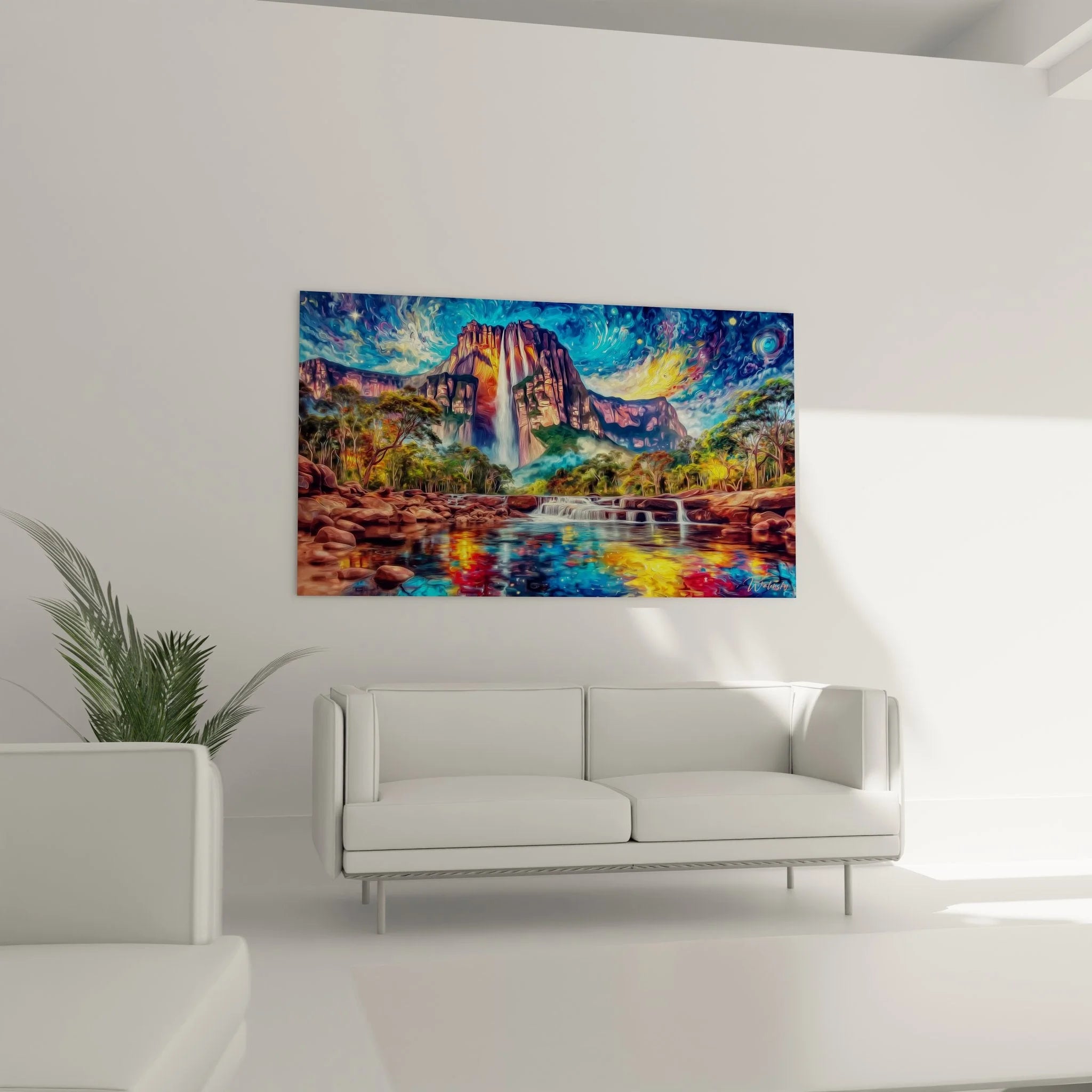Detailansicht Wasserfall Wandbild mit Van Gogh Wirbelmustern und goldenen Lichtreflexen auf Wasser