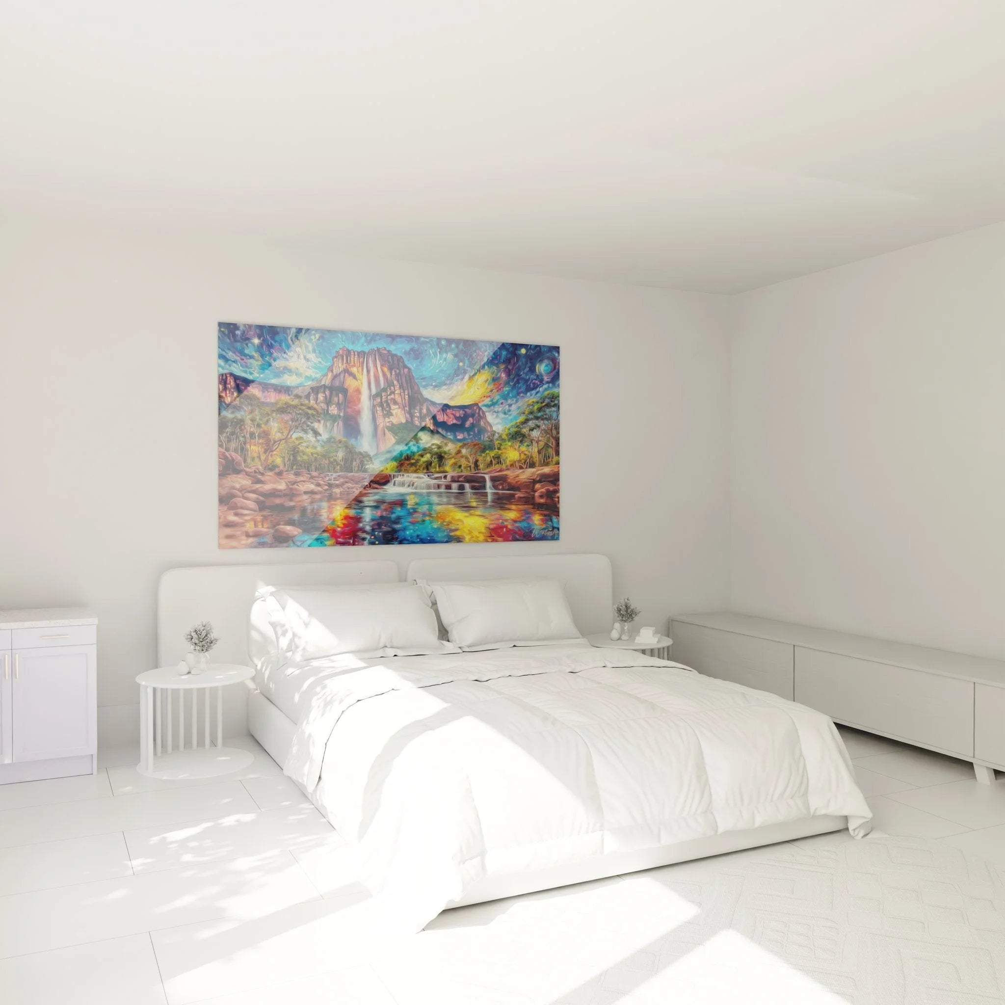 Wasserfall Wandbild XXL im Schlafzimmer - Angel Falls Kunstwerk mit impressionistischem Himmel