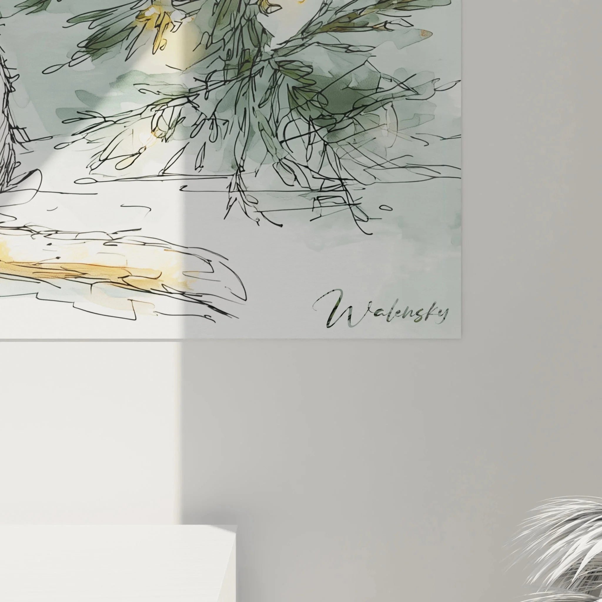 Gesamtansicht weihnachtliches Wandbild XXL Katze mit Tannenbaum Aquarell-Stil