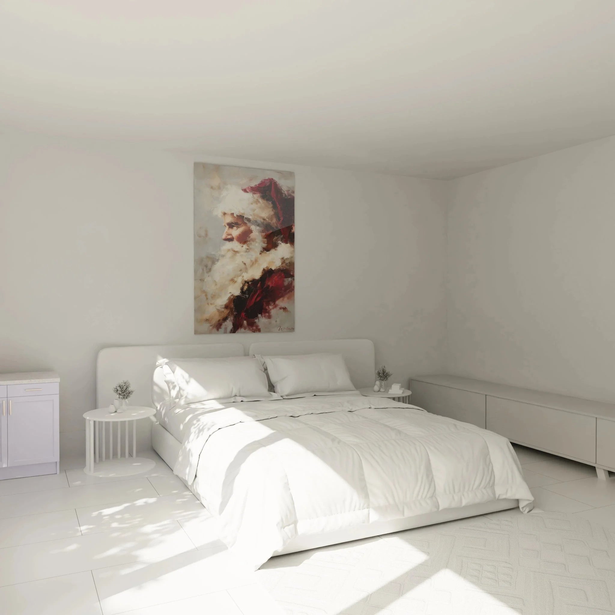 Nostalgisches Weihnachtsmann Wandbild als festliche Schlafzimmer Dekoration in warmen Rottönen