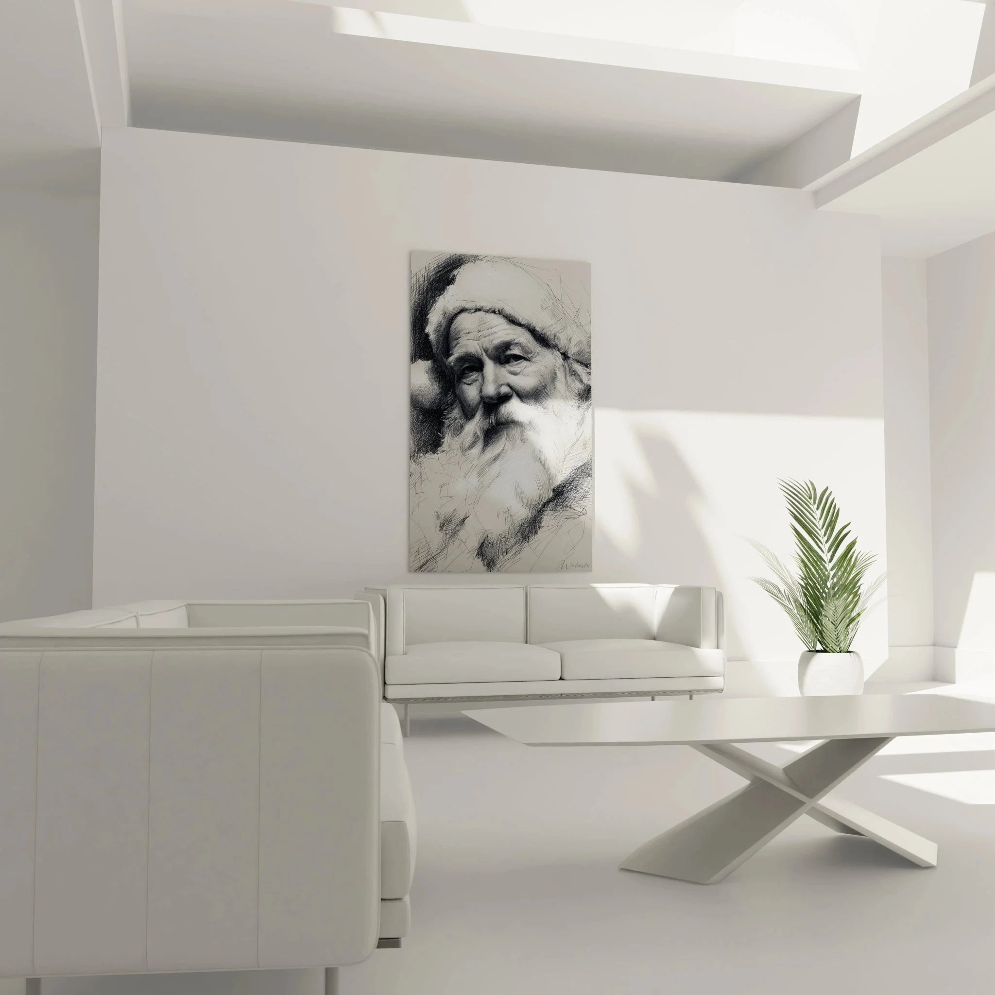 Detailansicht Weihnachtsmann Wandbild - kunstvolle Kohlezeichnung Weihnachtsmotiv Nahaufnahme