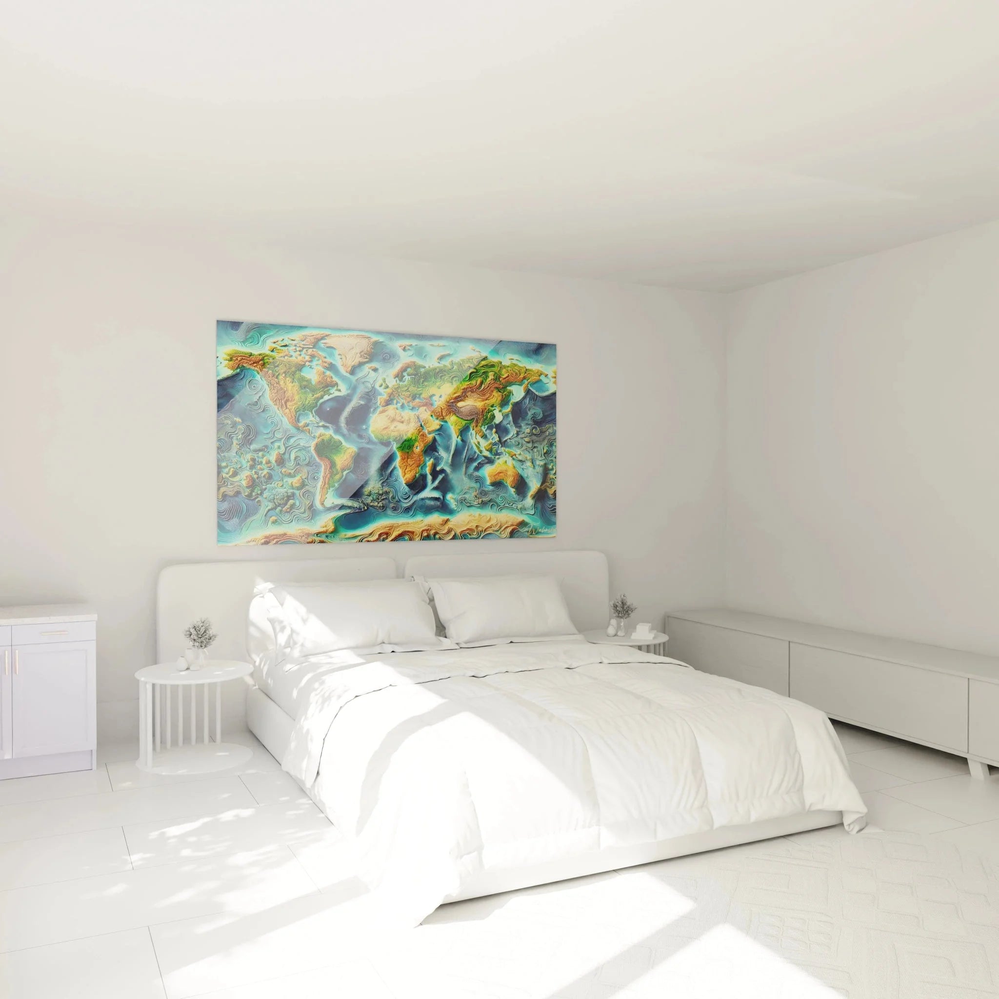 Wandbild topografische Weltkarte als Schlafzimmer-Dekoration mit warmen Farbtönen und geografischen Details