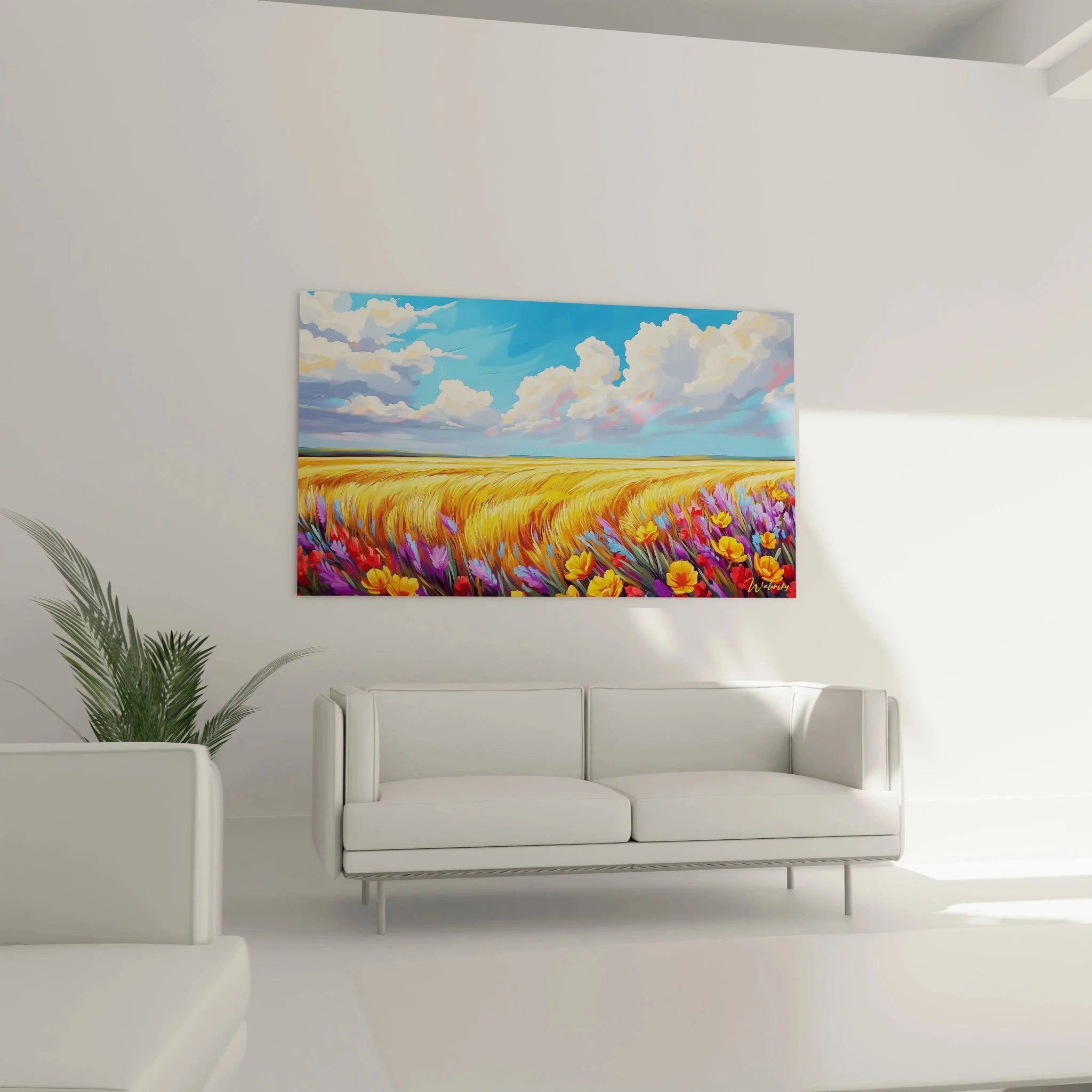 Detailansicht bunte Wildblumen zwischen goldenen Kornähren auf Leinwand Wandbild