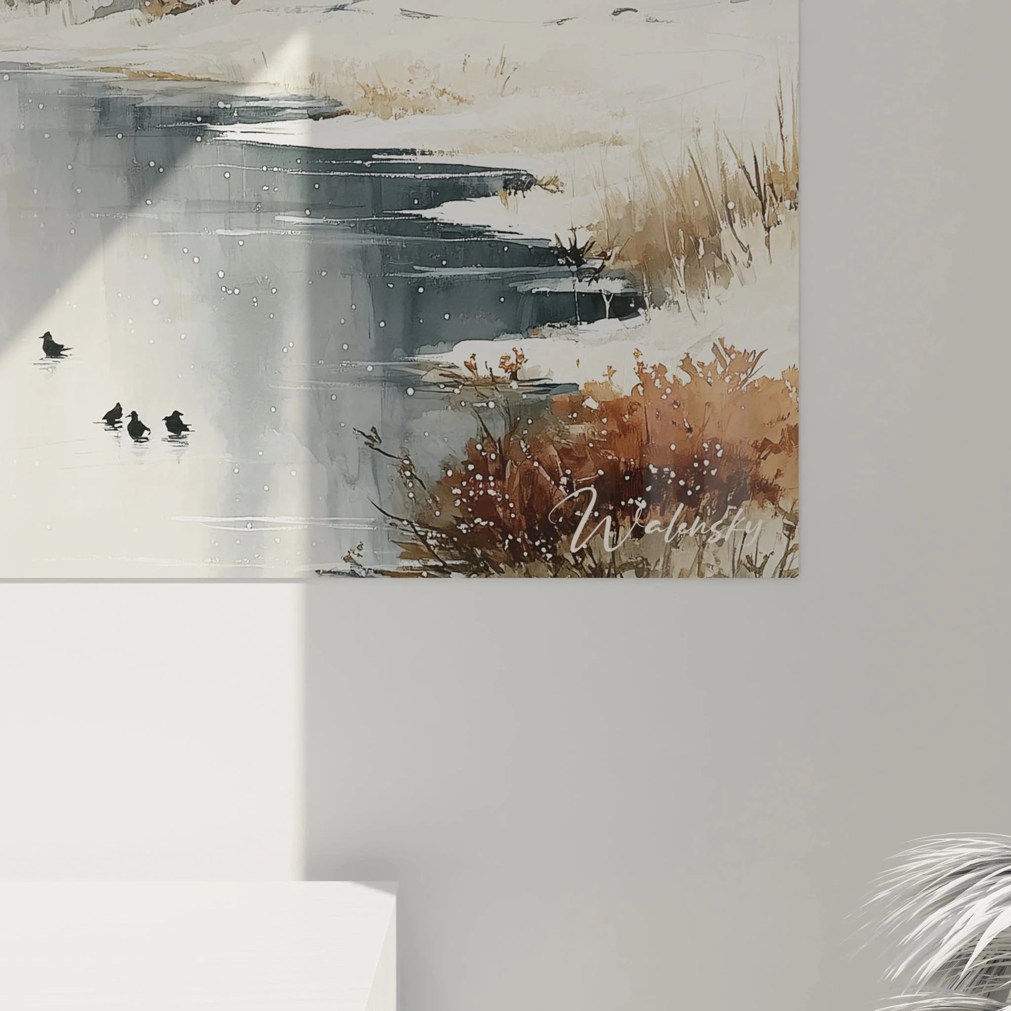 Gesamtansicht Winter Wandbild - Komplette Winterlandschaft mit Fluss und Schnee als Kunstdruck