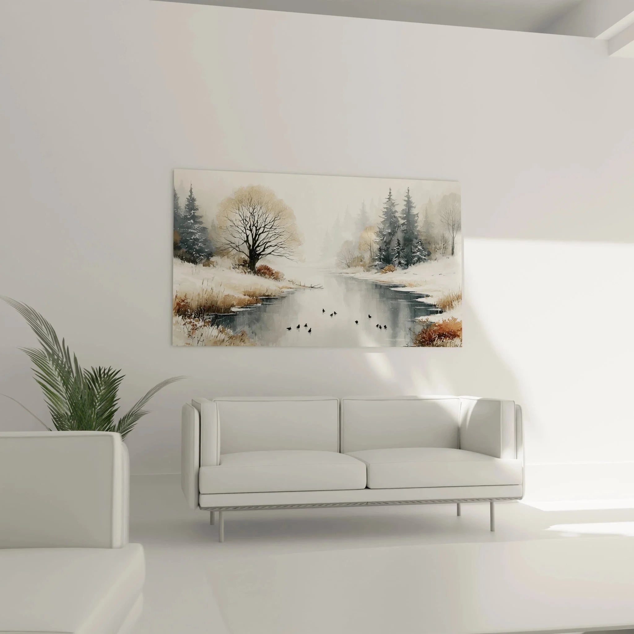 Detailansicht Winterbild Leinwand - Enten auf stillem Fluss in verschneiter Landschaft Nahaufnahme