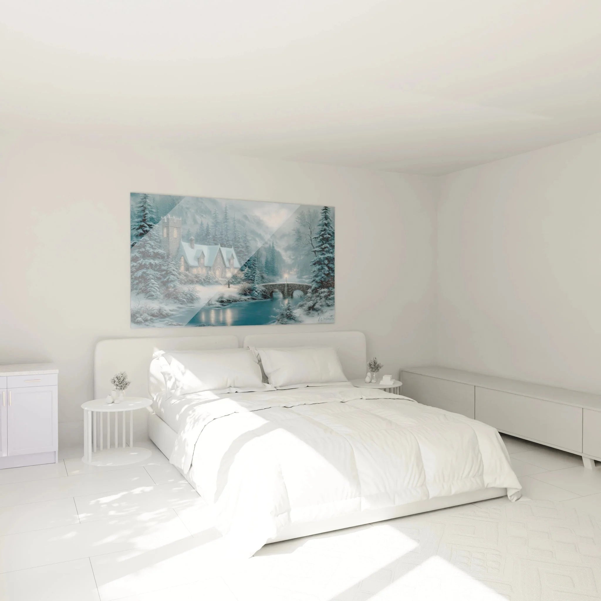 Wandbild verschneite Kirche als Schlafzimmer Dekoration mit warmem Licht und winterlicher Atmosphäre