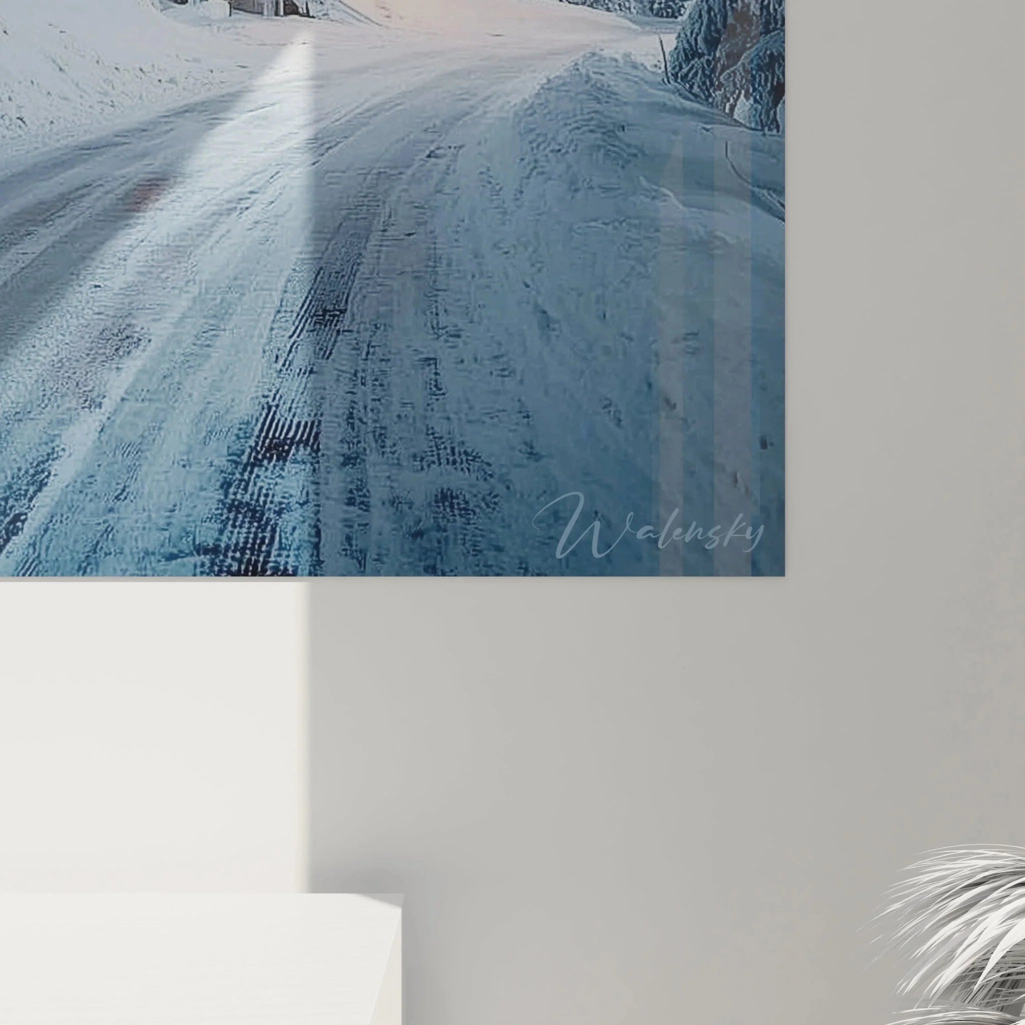 Gesamtansicht Wandbild Winterlandschaft mit Berghütte und verschneiten Gipfeln im Hintergrund