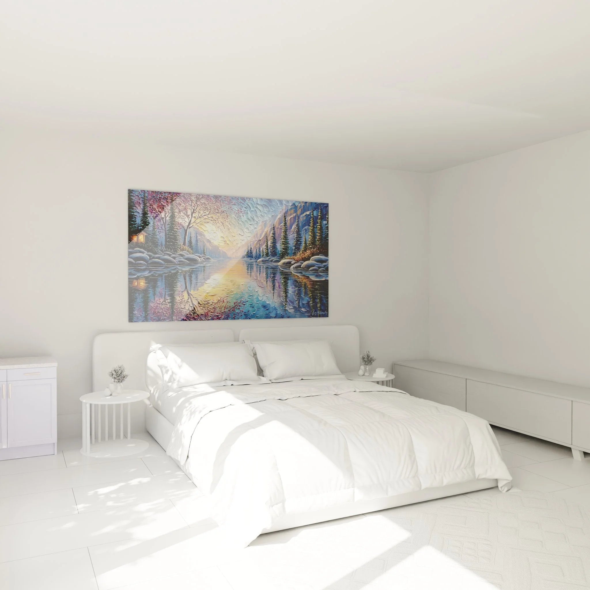 Winterlandschaft Wandbild im Schlafzimmer - beruhigende Atmosphäre mit Bergsee und Schneeszene