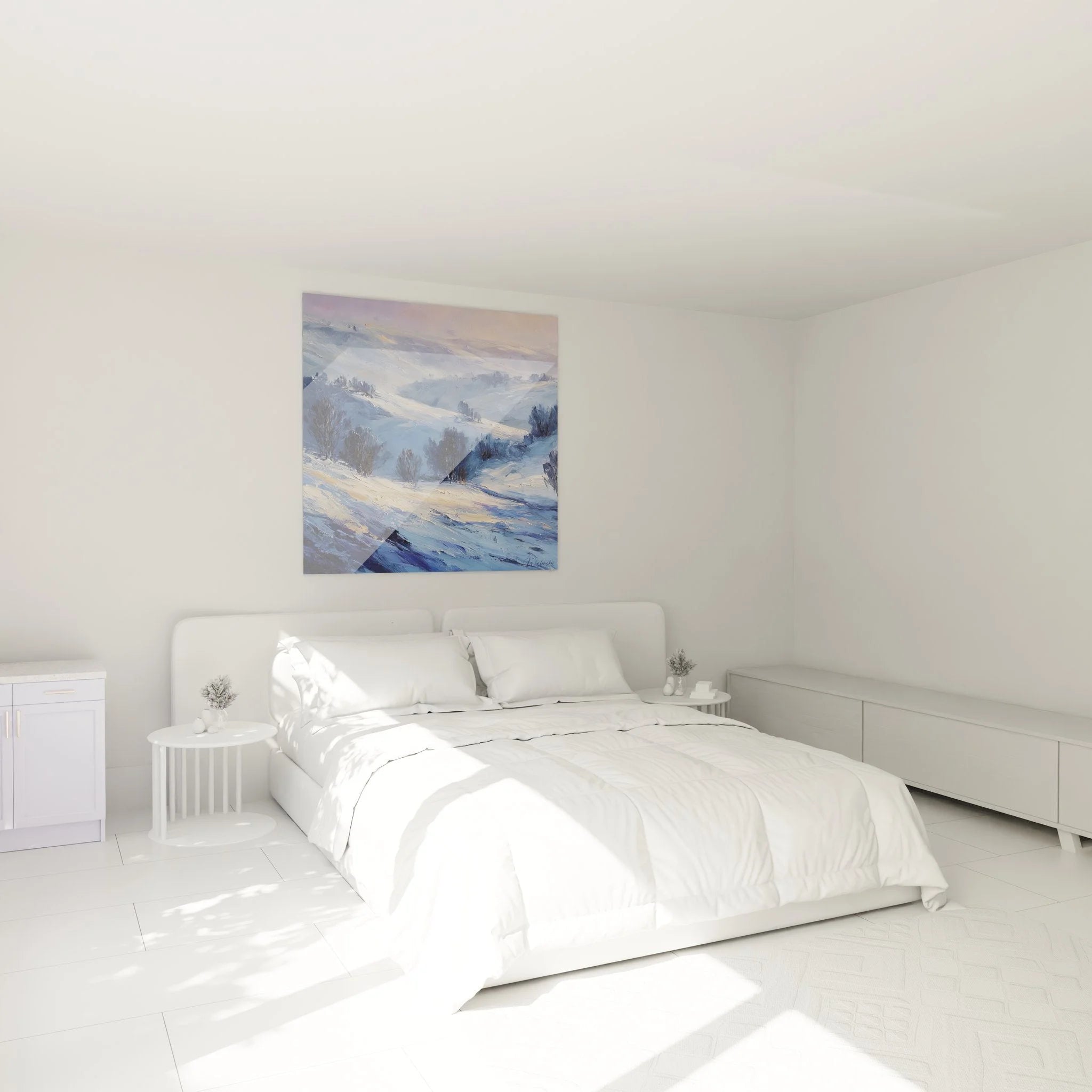 Winterlandschaft Wandbild in modernem Schlafzimmer, verschneite Hügel als stilvolle Wanddekoration
