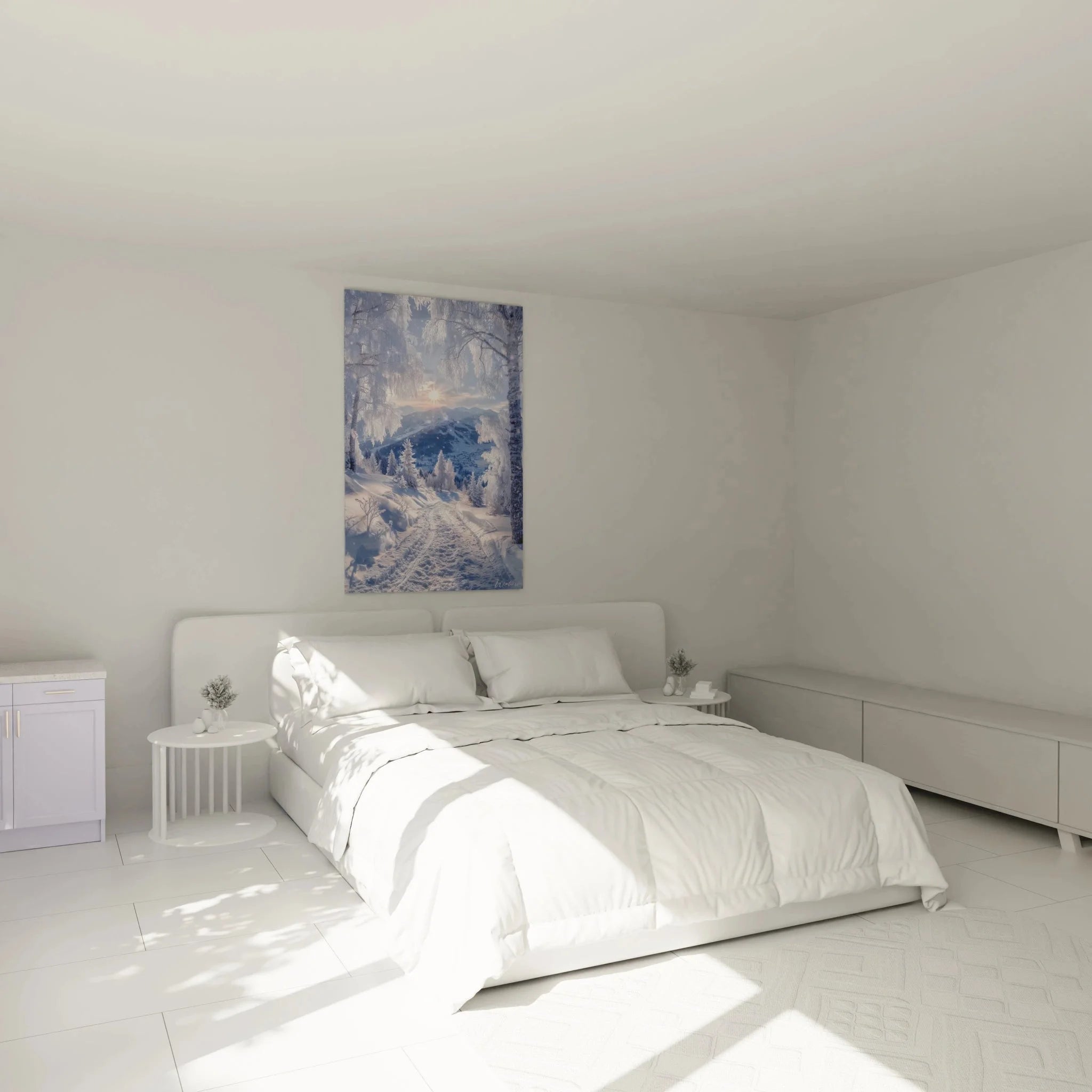 Winterlandschaft Wandbild XXL im Schlafzimmer mit Schneewegen und Bergen als Wanddeko