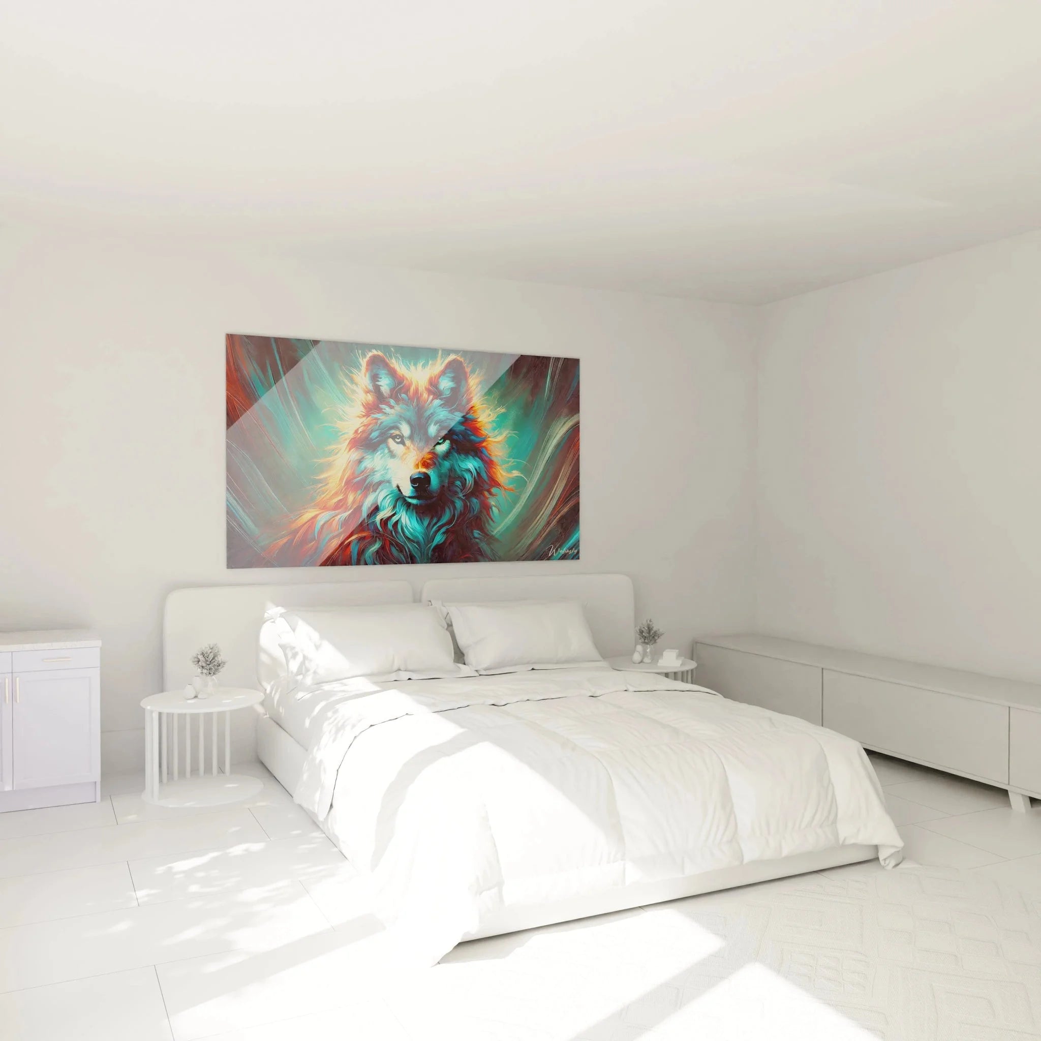 Wolf Wandbild abstrakt in Schlafzimmer Ambiente - moderne Wanddeko Wolf